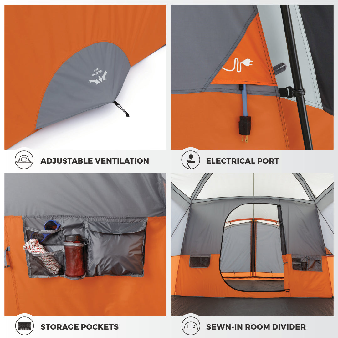 A collage of the CORE 1 Person Straight Wall Cabin Tent with Screen Room features includes images of adjustable ventilation, an electrical port, storage pockets, and a sewn-in room divider. Each feature is shown with a detailed close-up, highlighting the tent's functionality and convenience for camping.