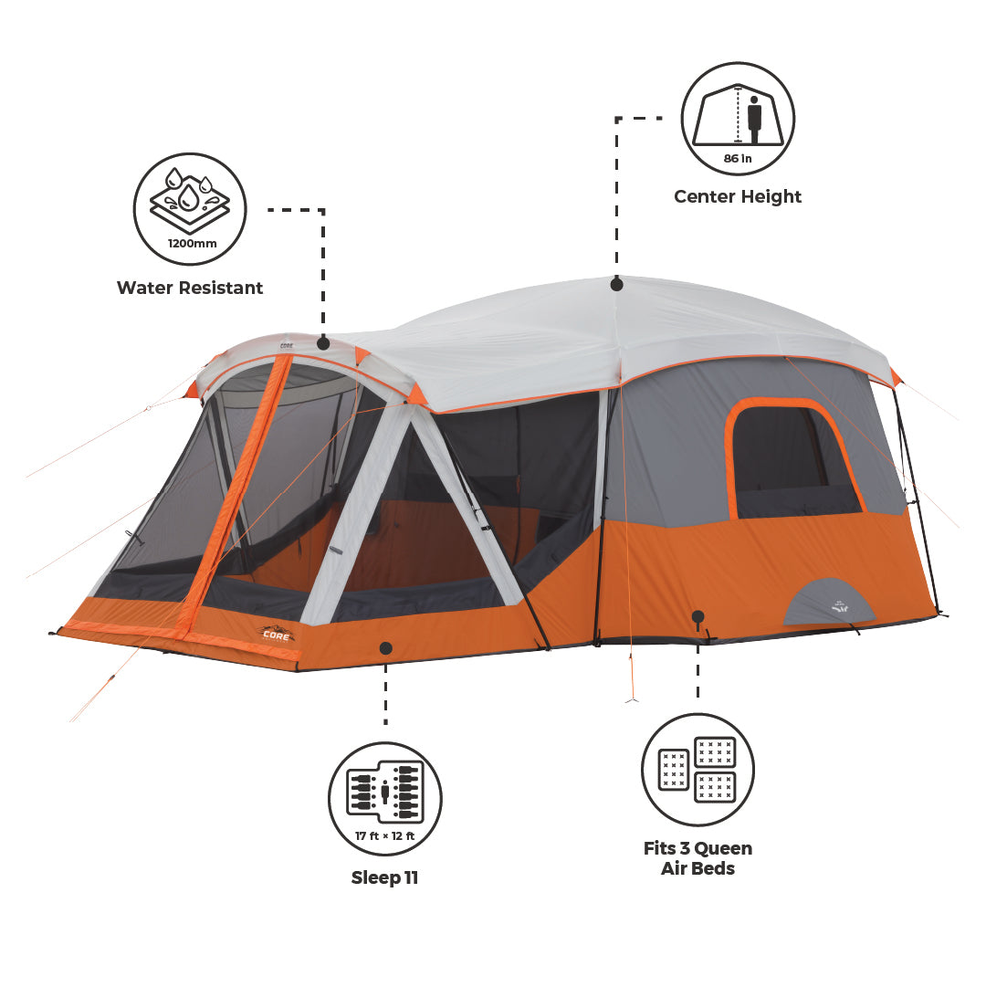 An 11 Person Cabin Tent with Screen Room. Features include water-resistant material (1200mm), an 86-inch center height, capacity to sleep 11 people, dimensions of 17 ft x 12 ft, and enough space to fit three queen air beds. Perfect for outdoor adventures!