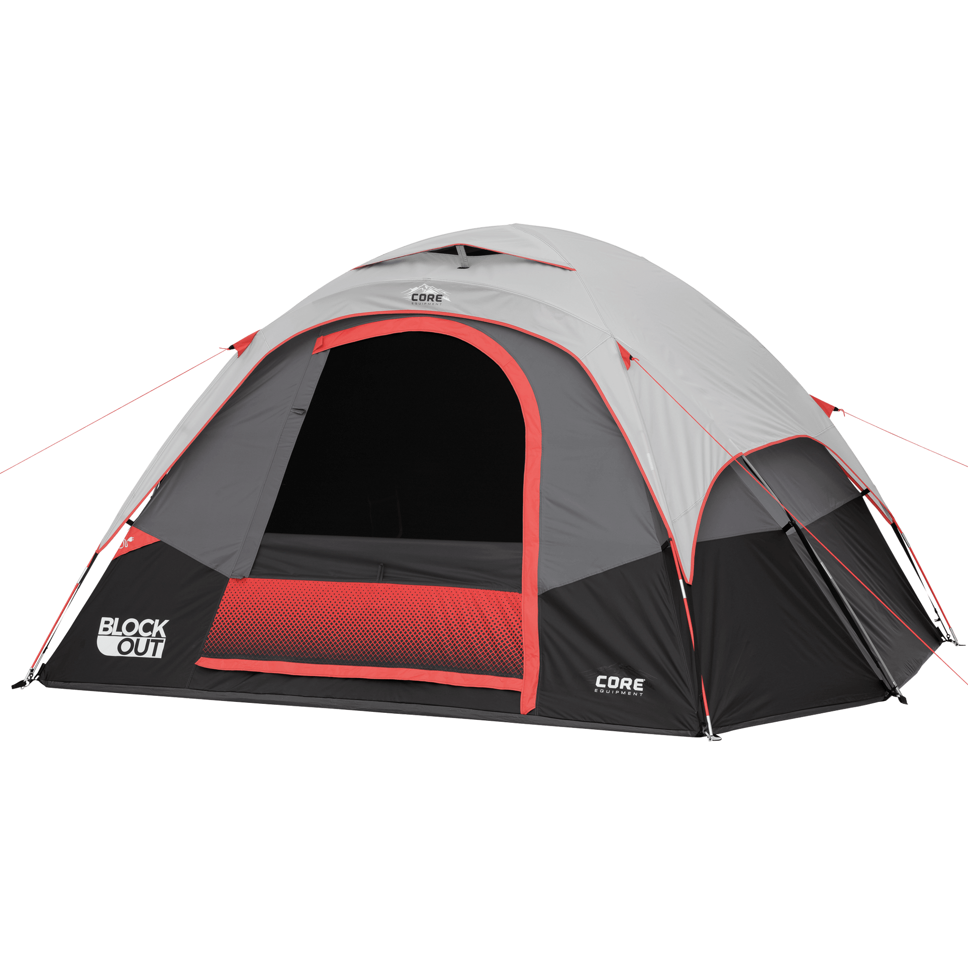 A CORE 6 person blockout dome-shaped camping tent with a gray and black exterior, red trim around the entrance, mesh screen door, and “BLOCK OUT” branding on the lower left side. The tent has multiple support poles and guy lines.