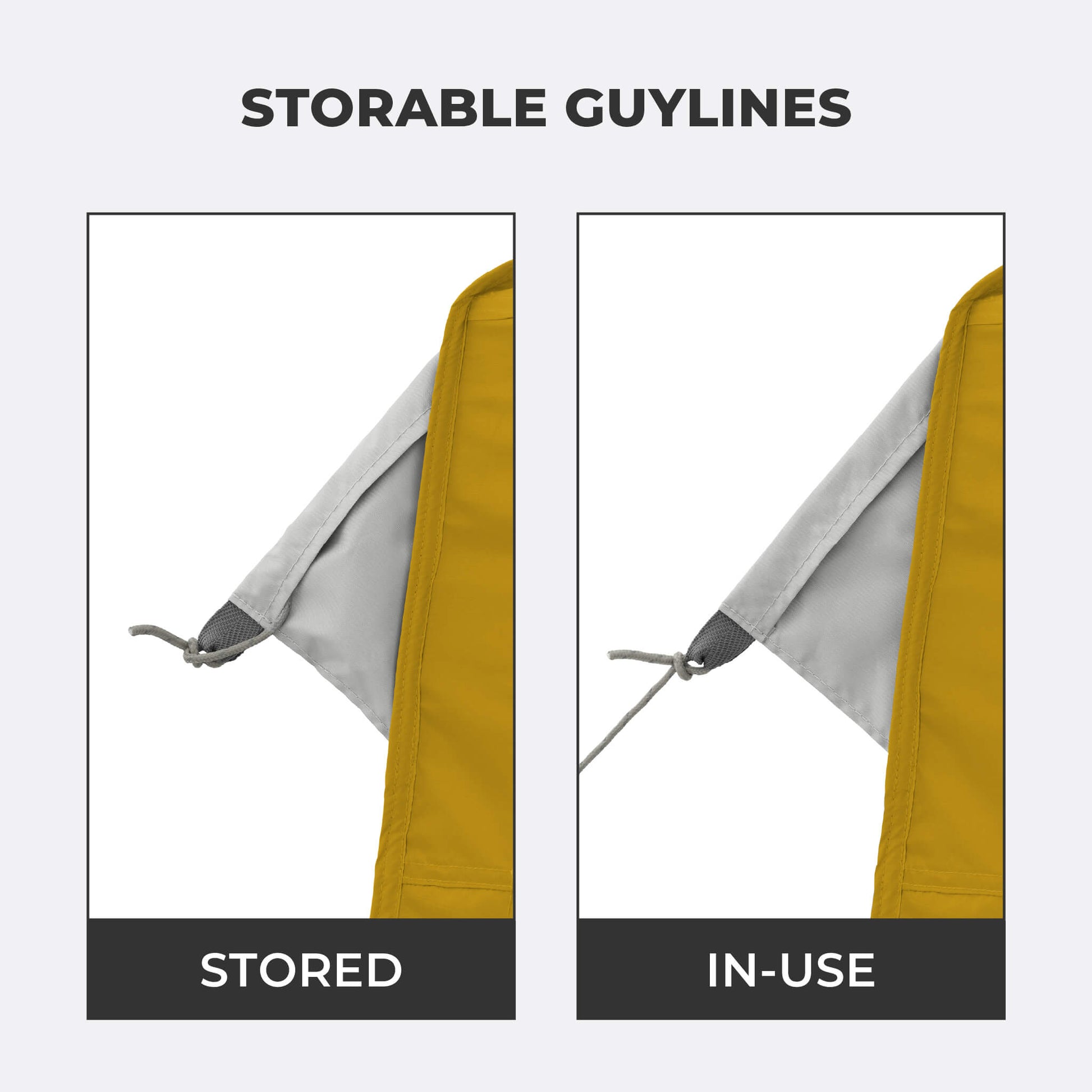 Close-up view of storable guylines on the CORE 10x10 Center Push canopy top in yellow gold.
