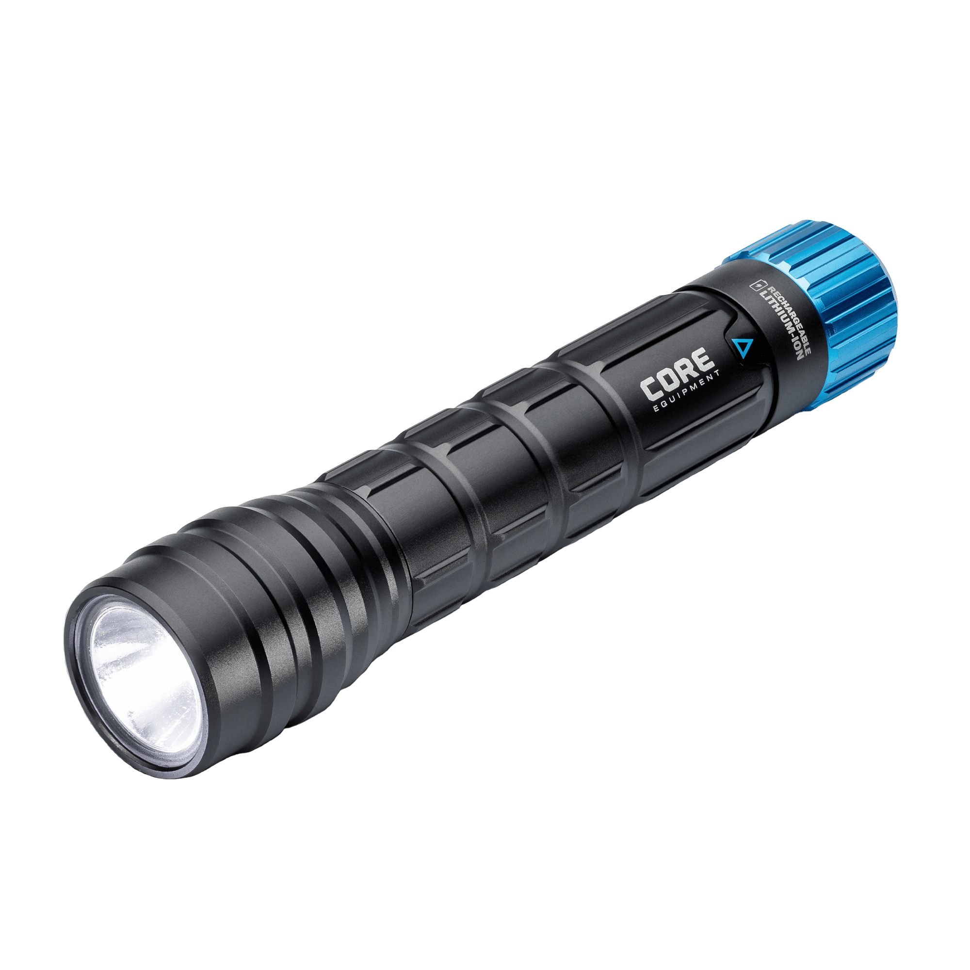 Black 1000 lumen rechargeable flashlight with blue accent.