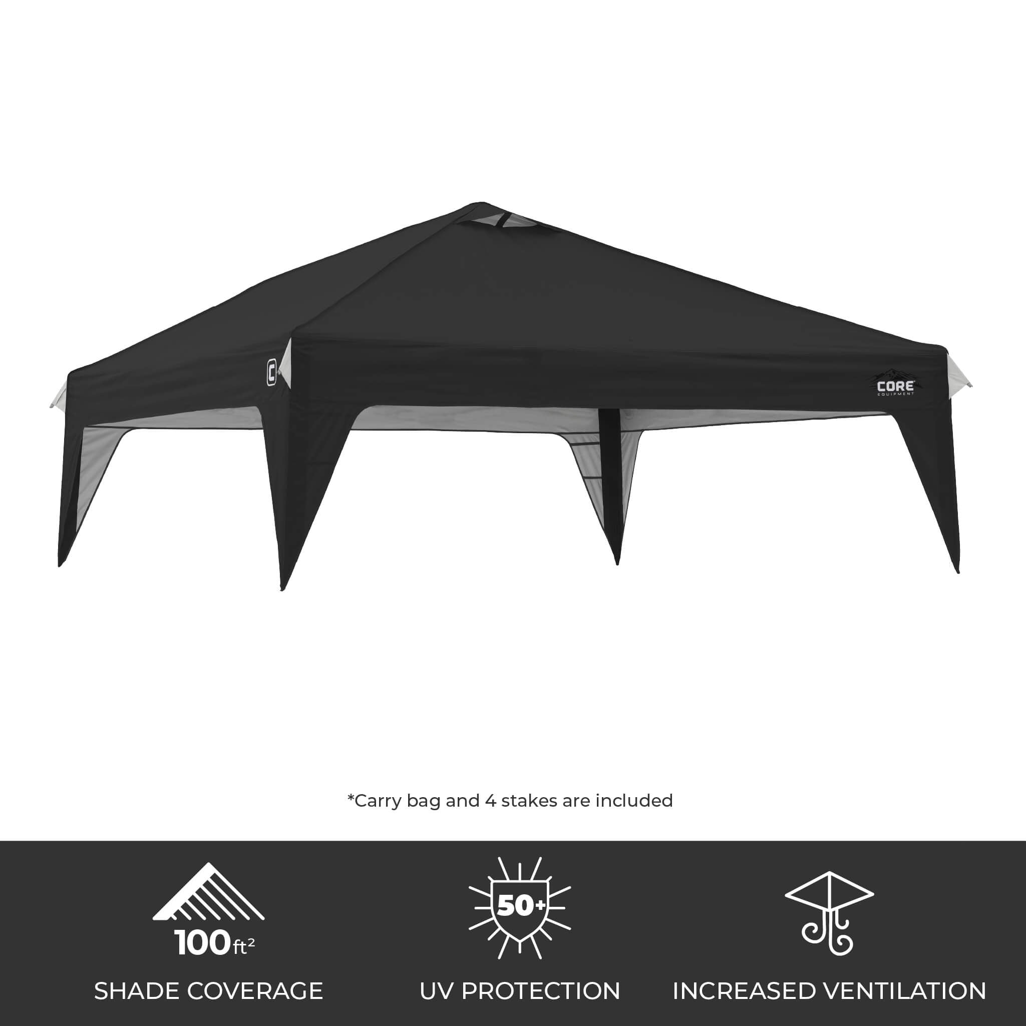 CORE 10x10 Center Push canopy top in black, featuring 100 sq ft of shade, UPF 50+ sun protection, and a vented roof for airflow.