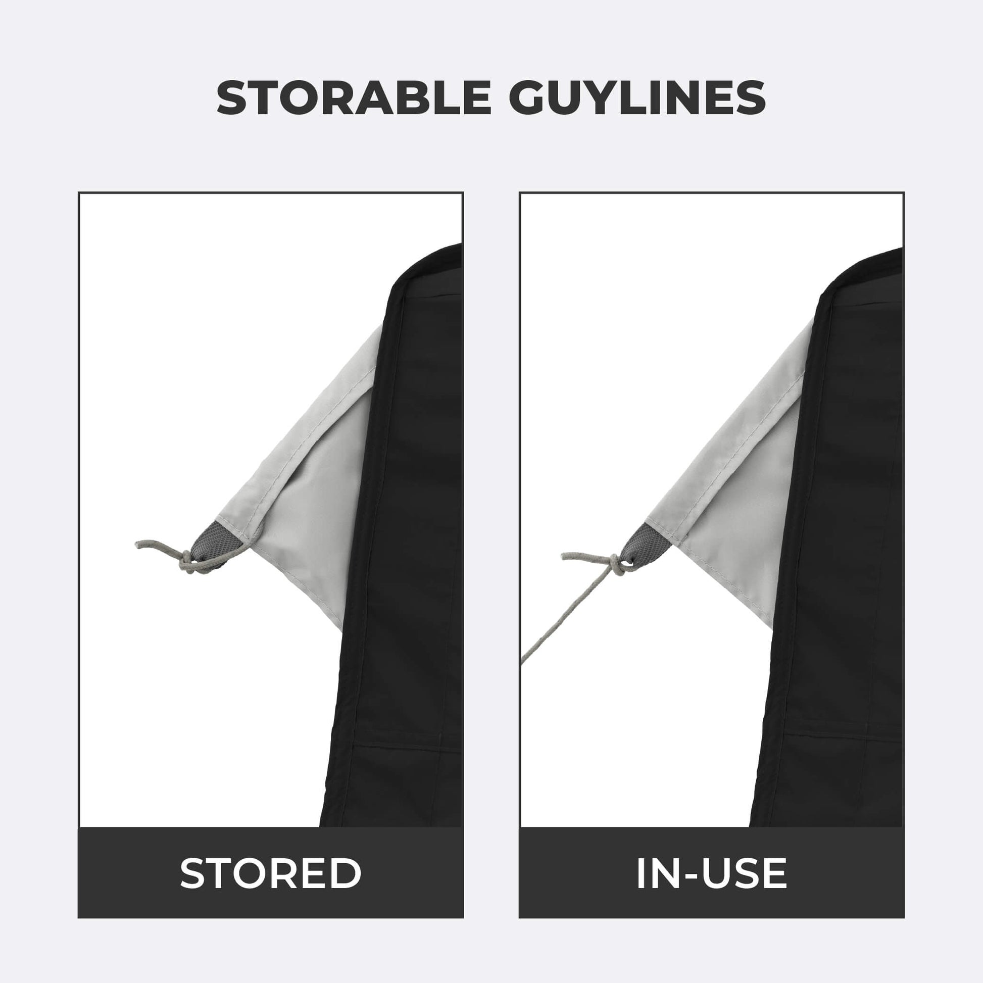 Close-up view of storable guylines on the CORE 10x10 Center Push Canopy Top in black.