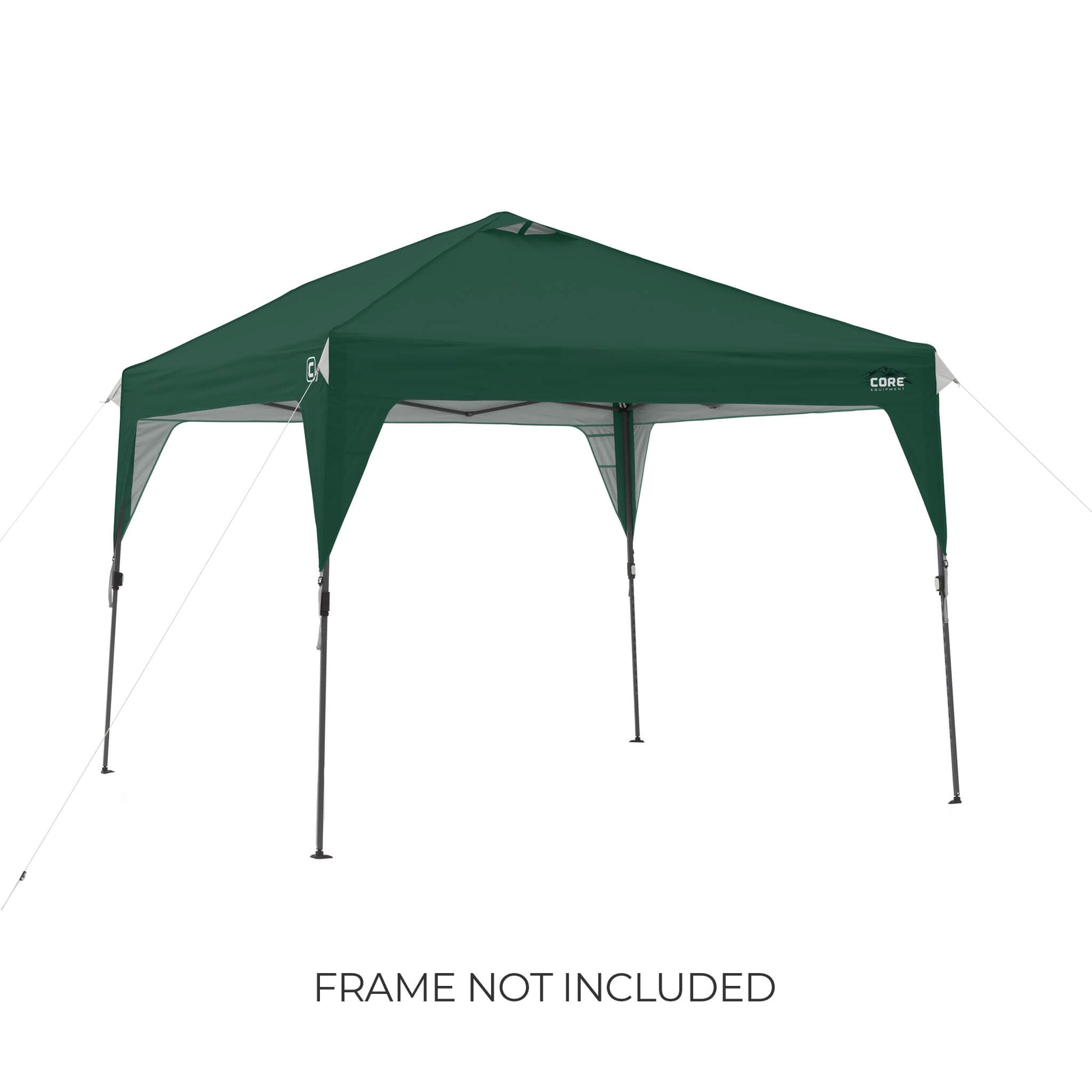 CORE 10x10 Center Push canopy top in forest green shown on frame, featuring vented roof and durable fabric, with text noting frame not included.