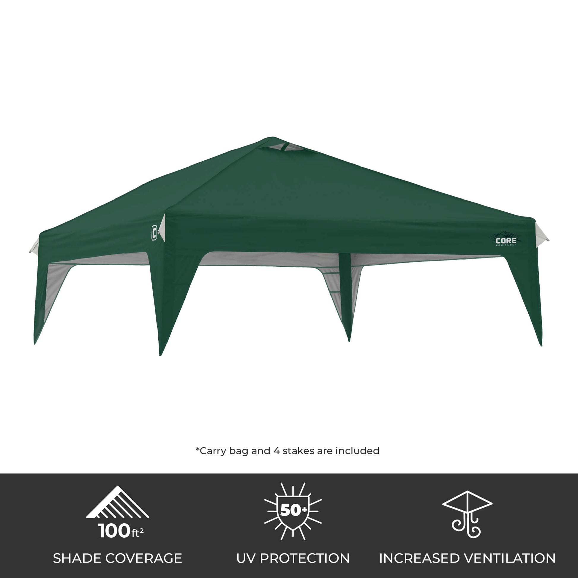 CORE 10x10 Center Push canopy top in forest green, featuring 100 sq ft of shade, UPF 50+ sun protection, and a vented roof for airflow.