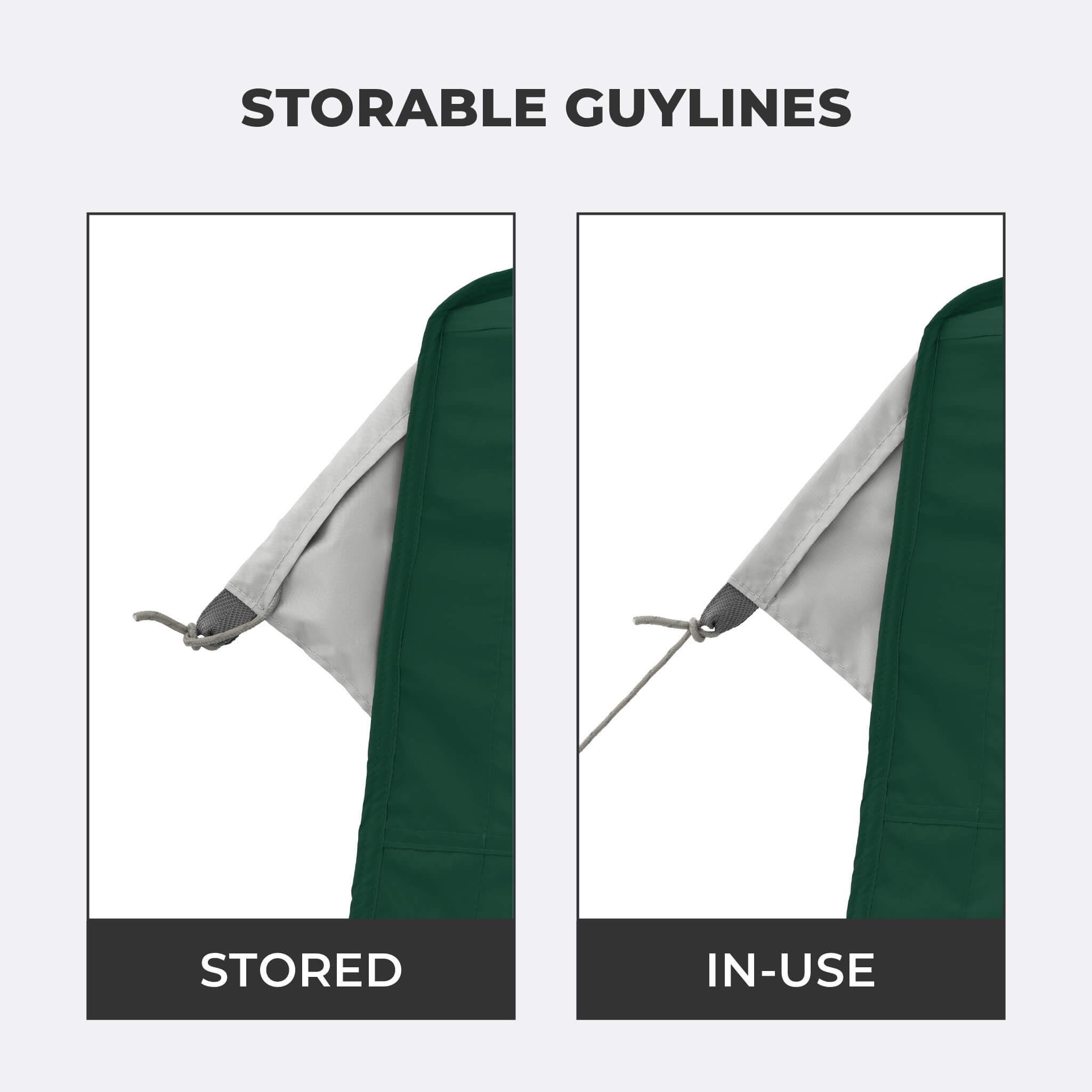 Close-up view of storable guylines on the CORE 10x10 Center Push canopy top in forest green.