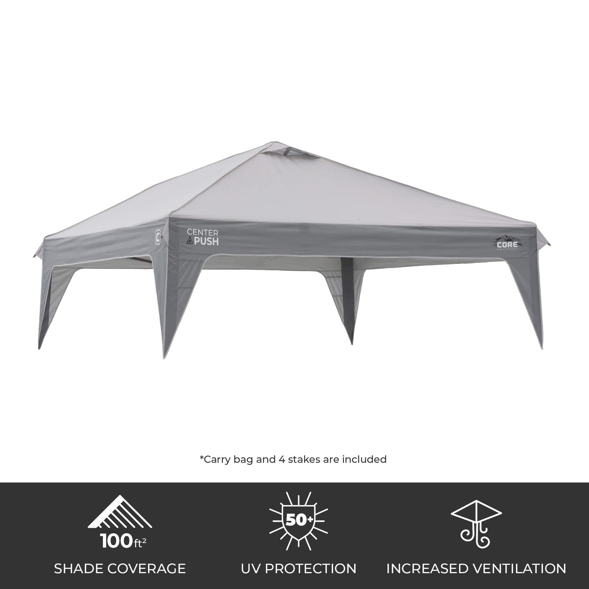 CORE 10x10 Center Push canopy top in gray, featuring 100 sq ft of shade, UPF 50+ sun protection, and a vented roof for airflow.