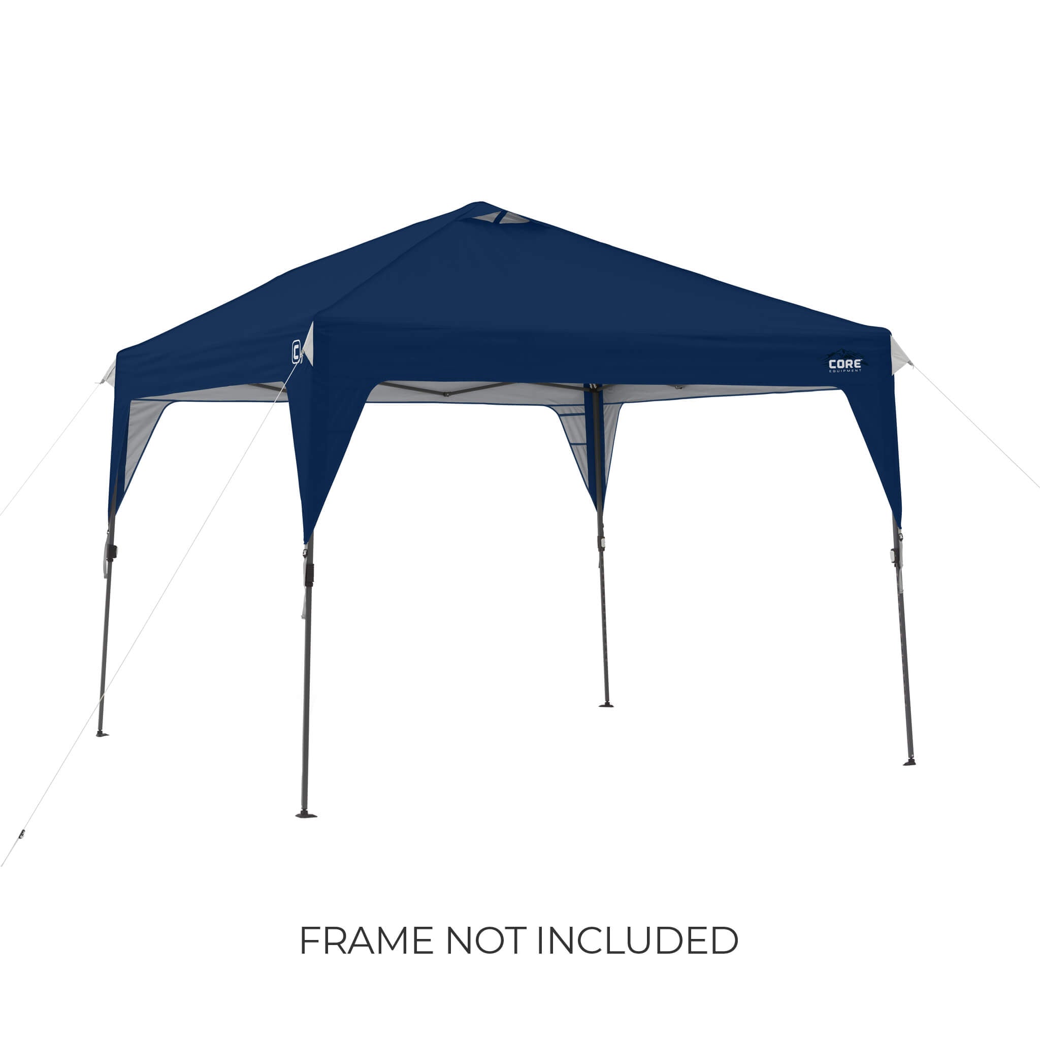 CORE 10x10 Center Push canopy top in navy shown on frame, featuring vented roof and durable fabric, with text noting frame not included.