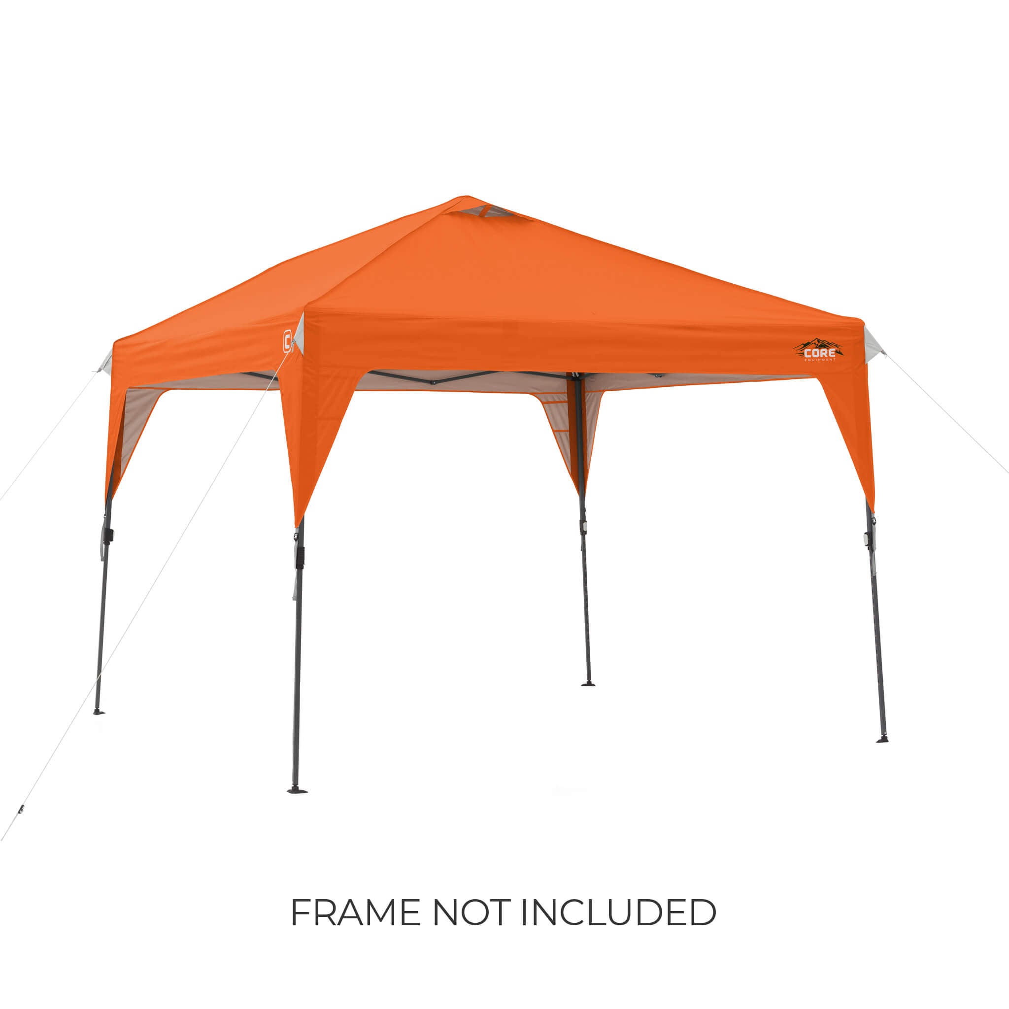 CORE 10x10 Center Push canopy top in orange shown on frame, featuring vented roof and durable fabric, with text noting frame not included.