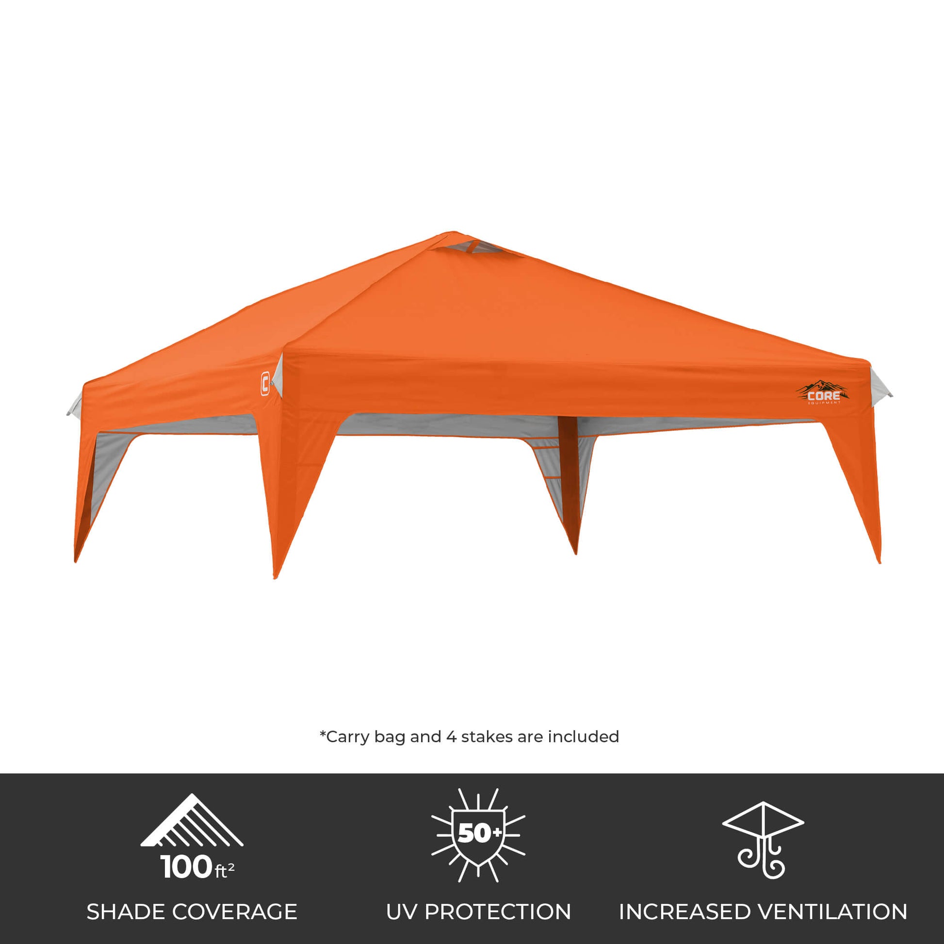 CORE 10x10 Center Push canopy top in orange, featuring 100 sq ft of shade, UPF 50+ sun protection, and a vented roof for airflow.