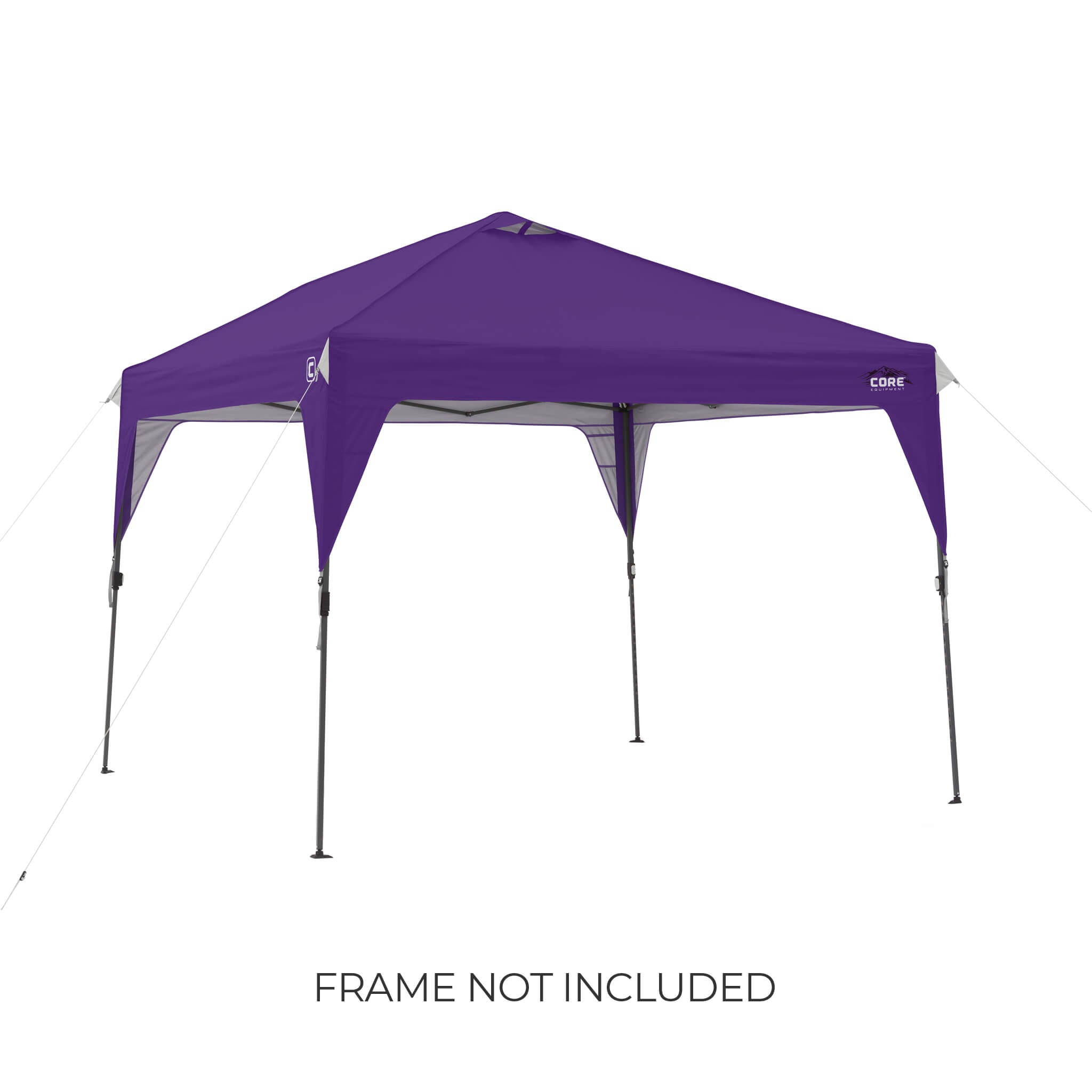 CORE 10x10 Center Push canopy top in purple shown on frame, featuring vented roof and durable fabric, with text noting frame not included.