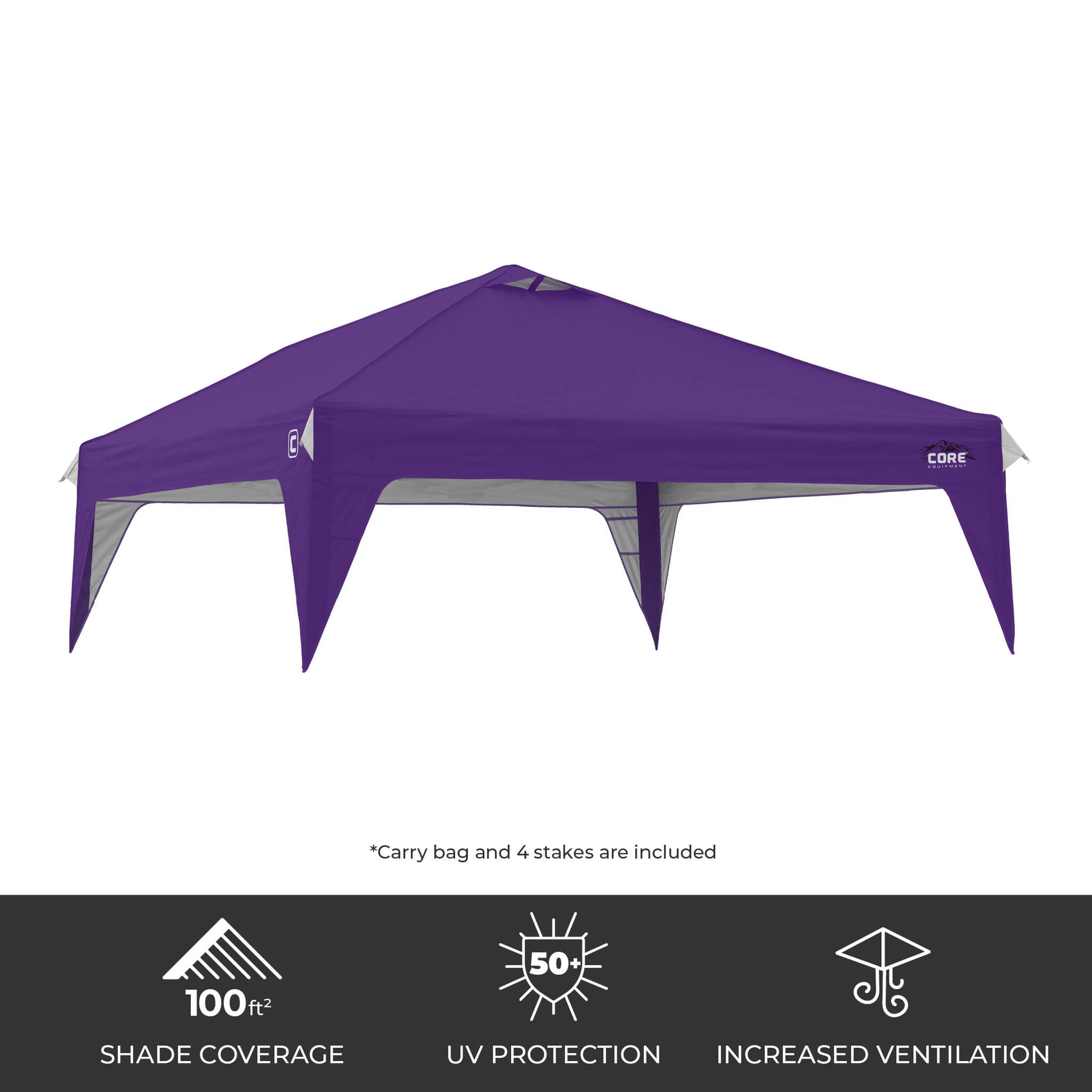CORE 10x10 Center Push canopy top in purple, featuring 100 sq ft of shade, UPF 50+ sun protection, and a vented roof for airflow.