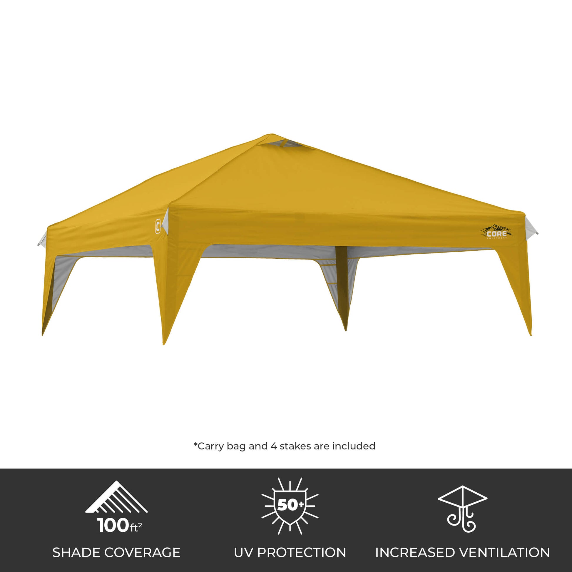 CORE 10x10 Center Push canopy top in yellow gold, featuring 100 sq ft of shade, UPF 50+ sun protection, and a vented roof for airflow.