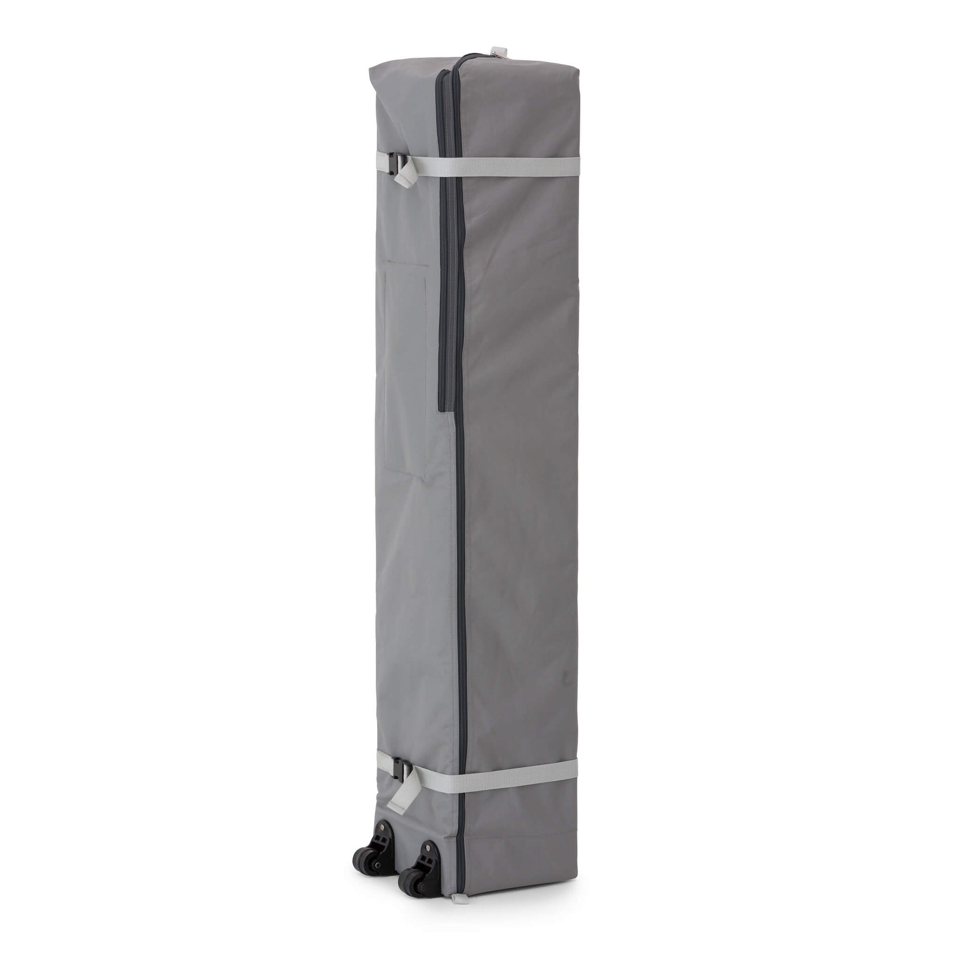 CORE 10x10 center push canopy shown packed in gray wheeled carry bag with straps, designed for portability and easy storage.