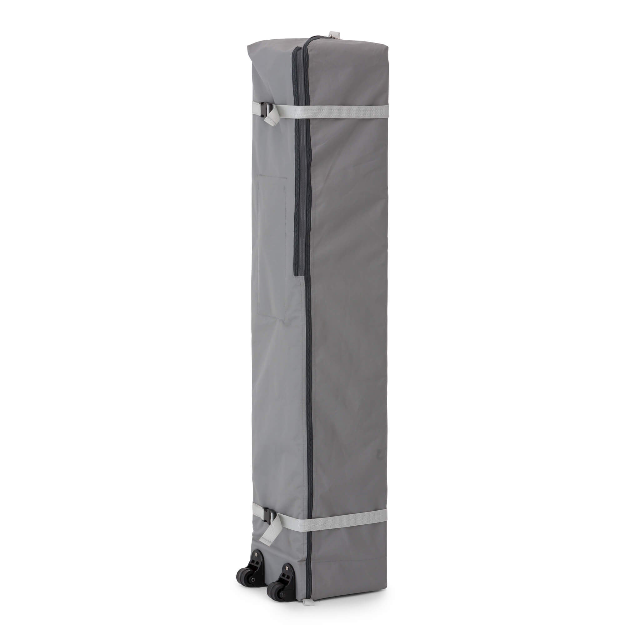 CORE 10x10 center push canopy shown packed in gray wheeled carry bag with straps, designed for portability and easy storage.