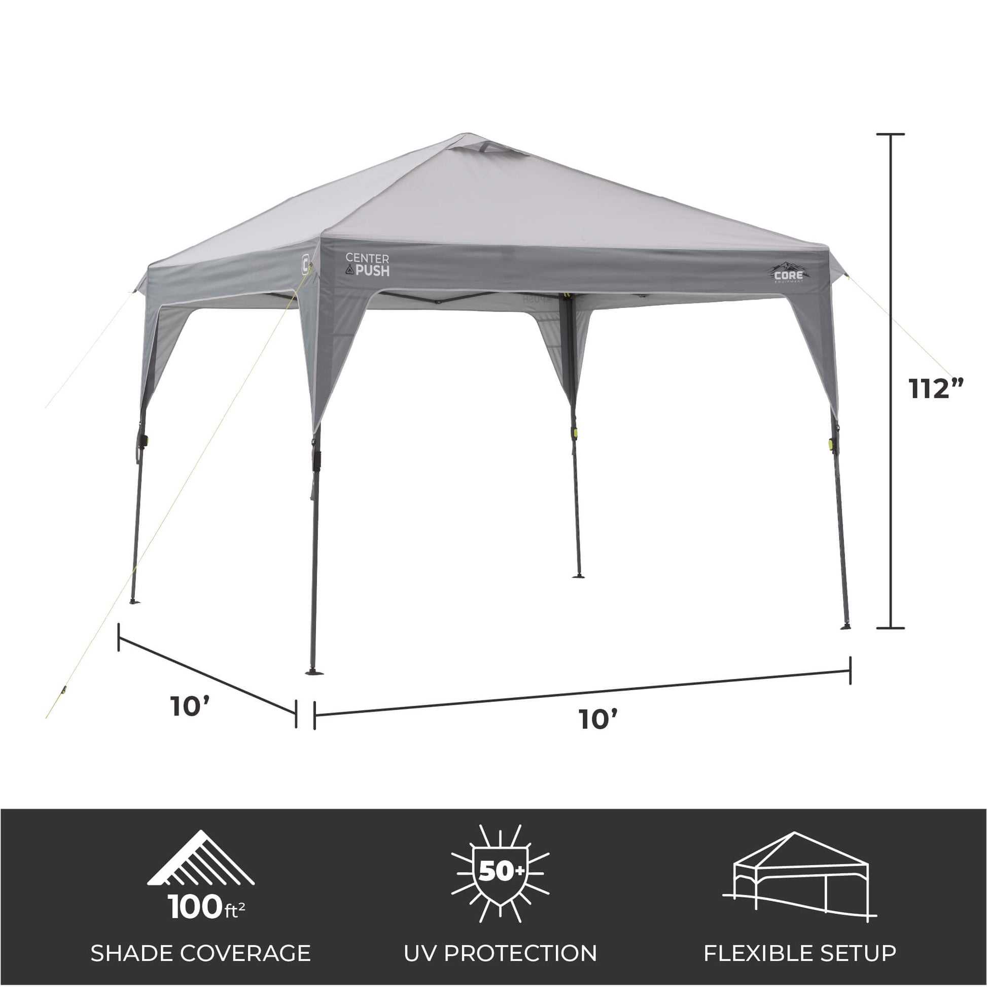 CORE 10x10 center push canopy dimensions with 100 sq ft coverage, 112 in center height, and 50+ UV protection.