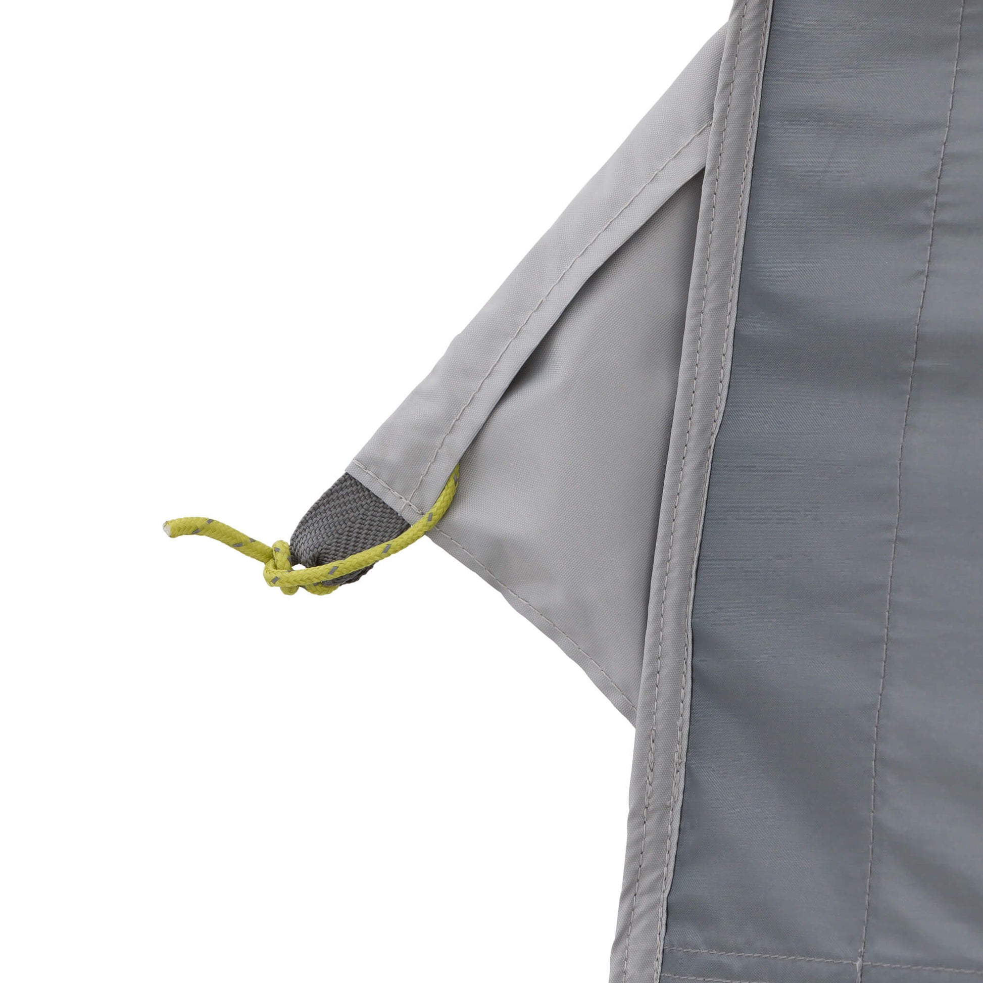 Close-up of CORE 10x10 center push canopy guyline storage pocket in gray fabric with green cord for secure and organized setup.
