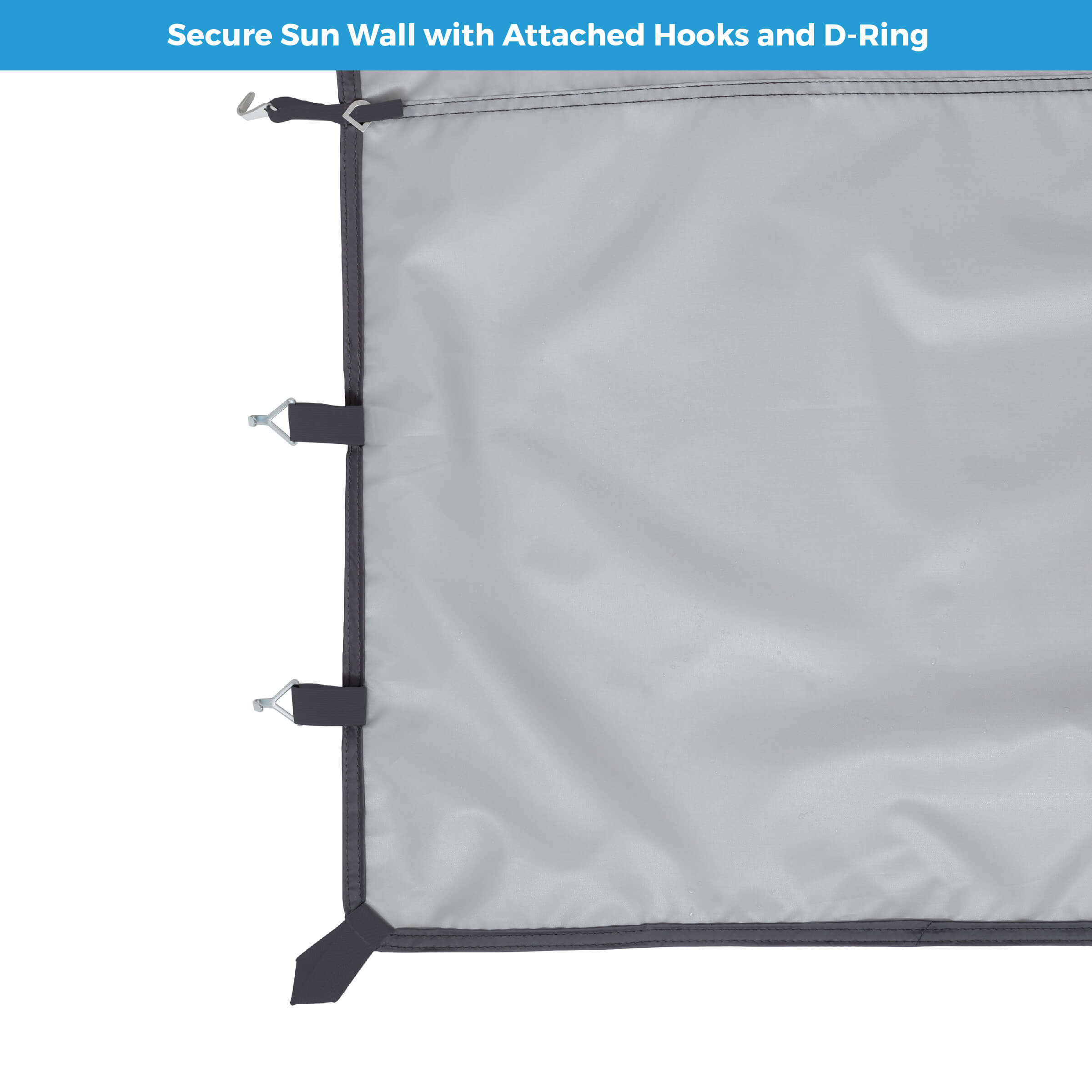Gray secure sun wall with attached hooks.