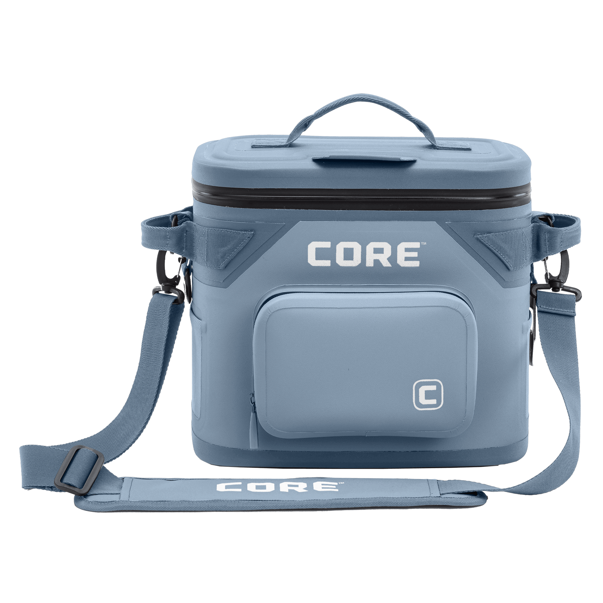CORE Climakeep 12 can cooler front view in steel blue with a waterproof design and a shoulder strap.