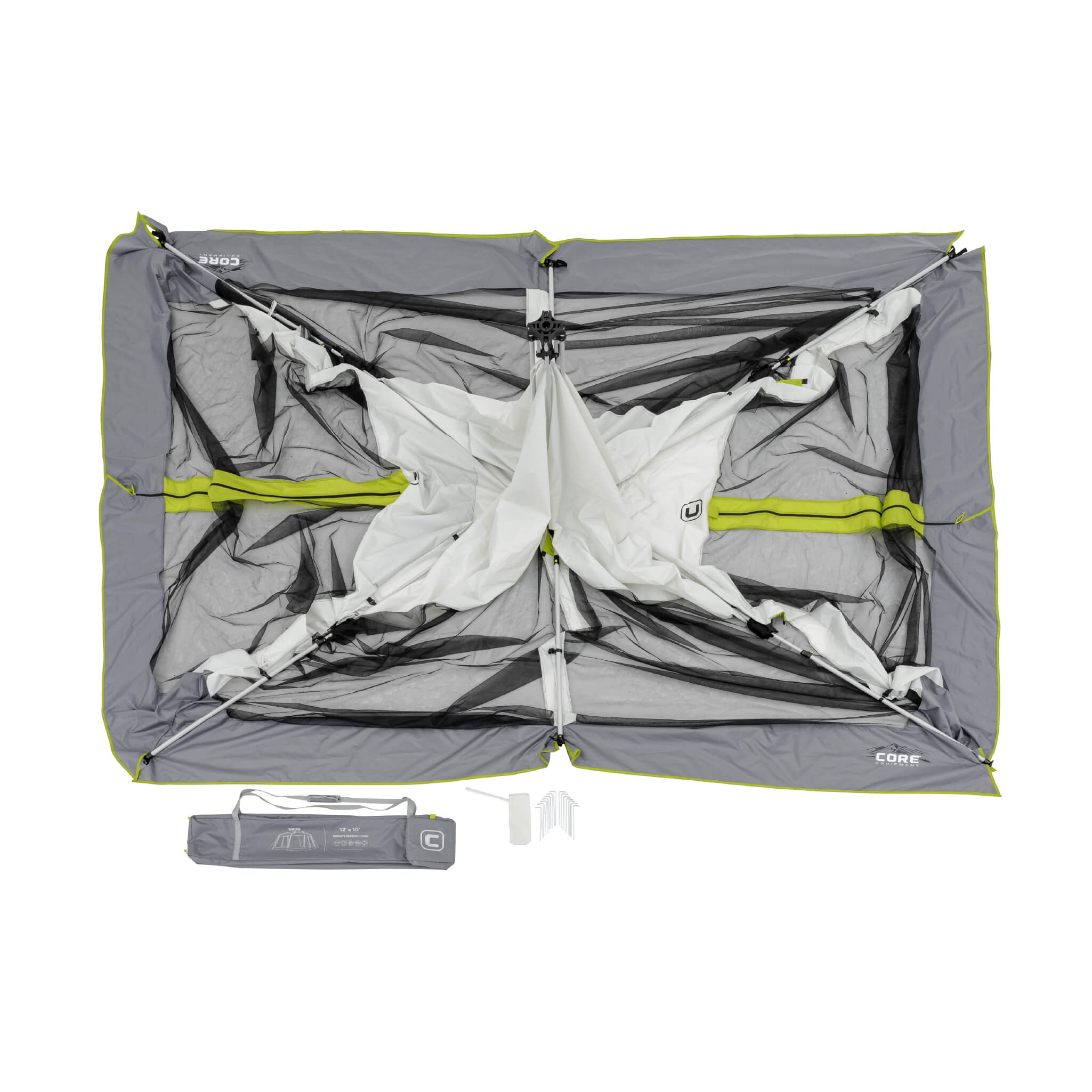 Overhead view of CORE 12x10 instant screen house in gray laying flat showing stake and carry bag.