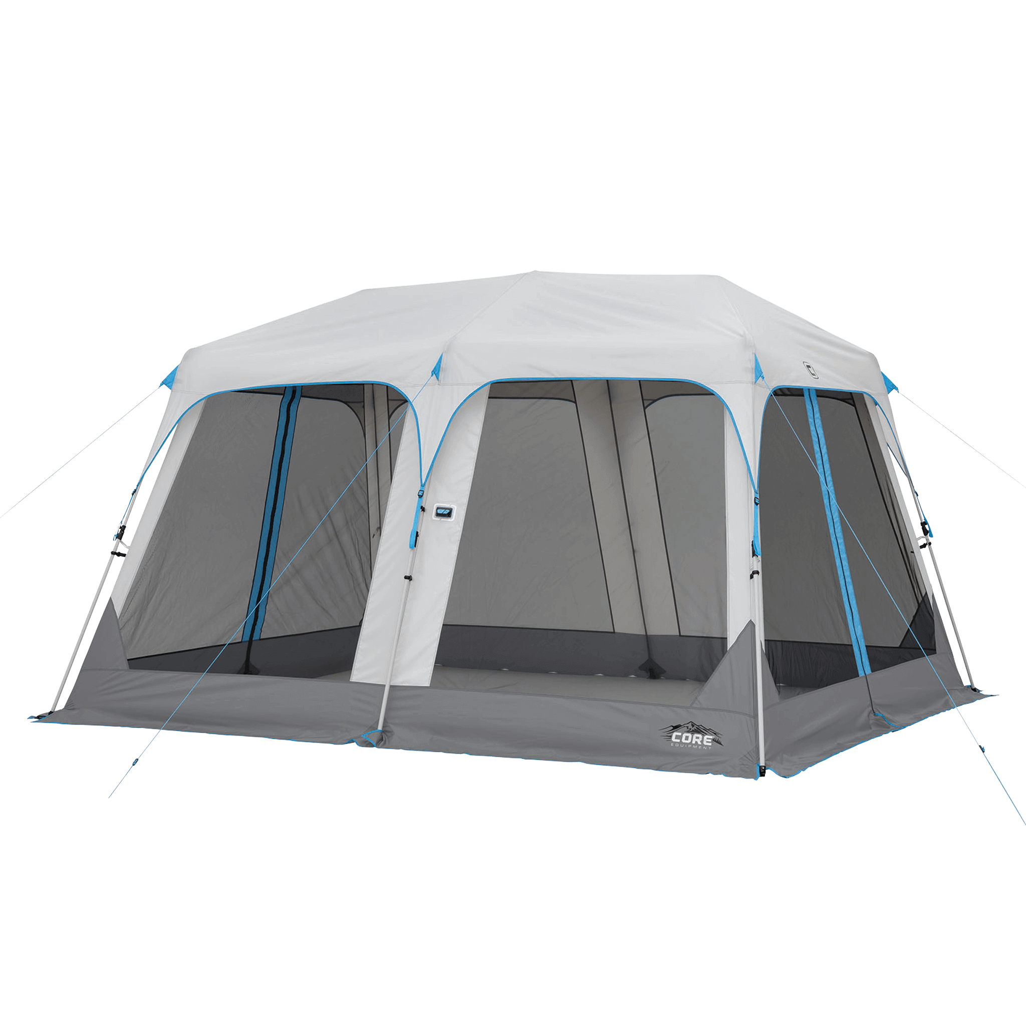 CORE 12x10 lighted screen house in gray with mesh walls, built-in LED lighting, and removable rainfly for shade and bug protection.