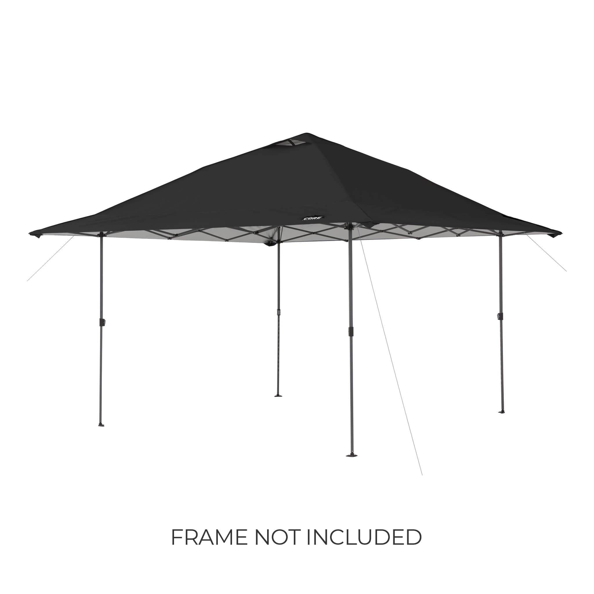CORE 13x13 Center Push canopy top in black shown on frame, featuring vented roof and durable fabric, with text noting frame not included.
