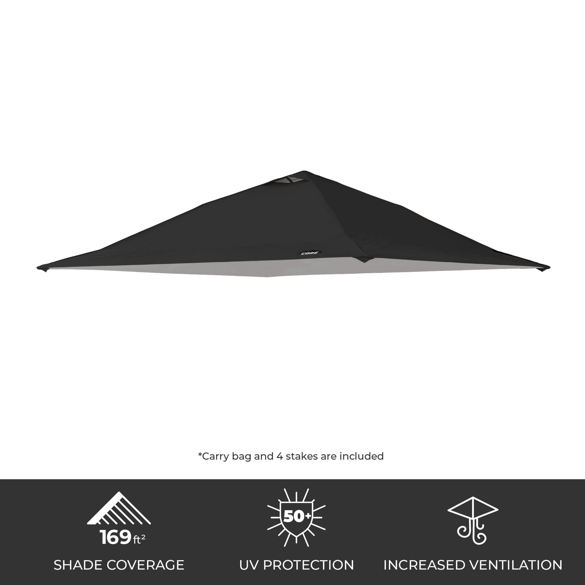 CORE 13x13 Center Push canopy top in black, featuring 169 sq ft of shade, UPF 50+ sun protection, and a vented roof for airflow.