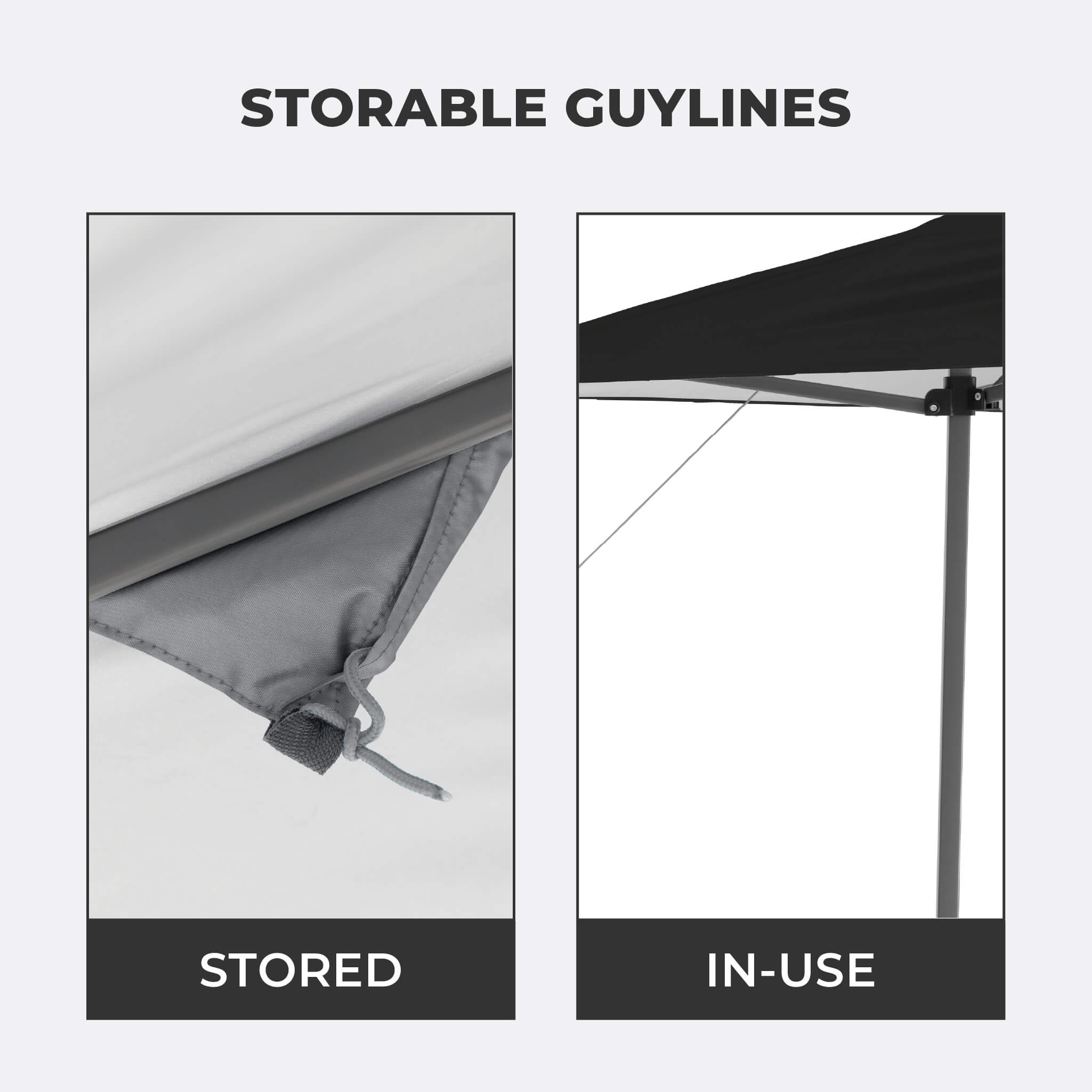 Close-up view of storable guylines on the CORE 13x13 Center Push canopy top in black.