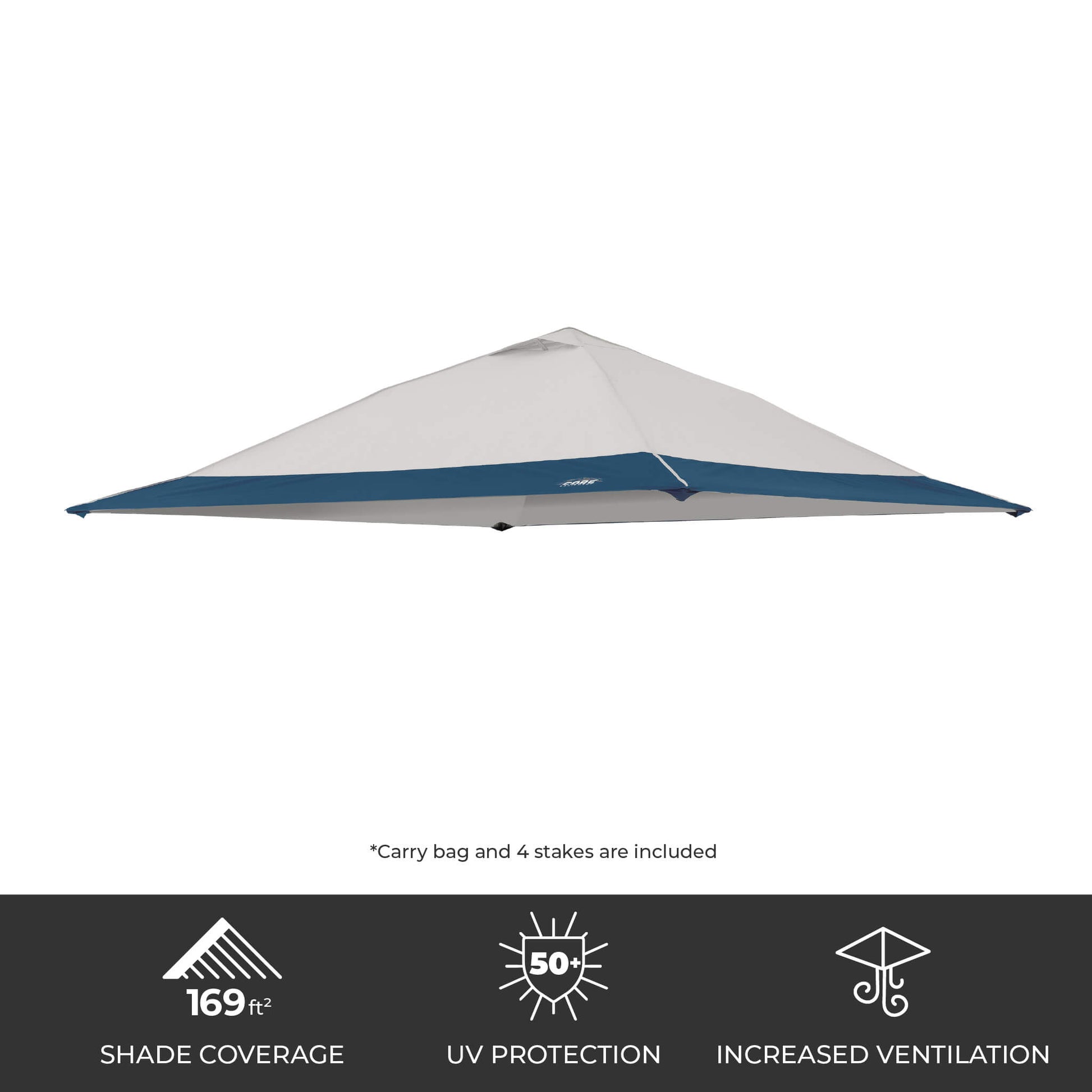 CORE 13x13 Center Push canopy top in gray/navy, featuring 169 sq ft of shade, UPF 50+ sun protection, and a vented roof for airflow.