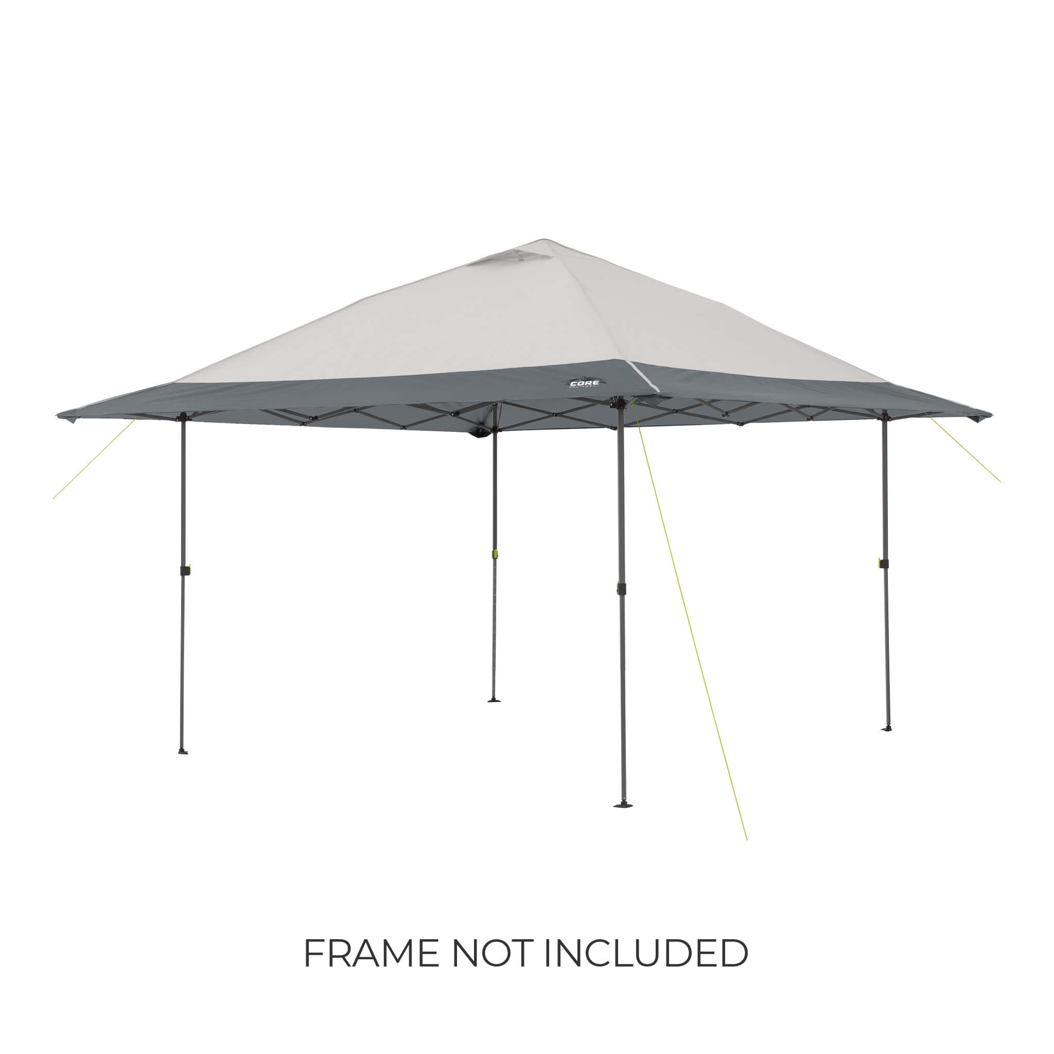 CORE 13x13 Center Push canopy top in light/dark gray shown on frame, featuring vented roof and durable fabric, with text noting frame not included.