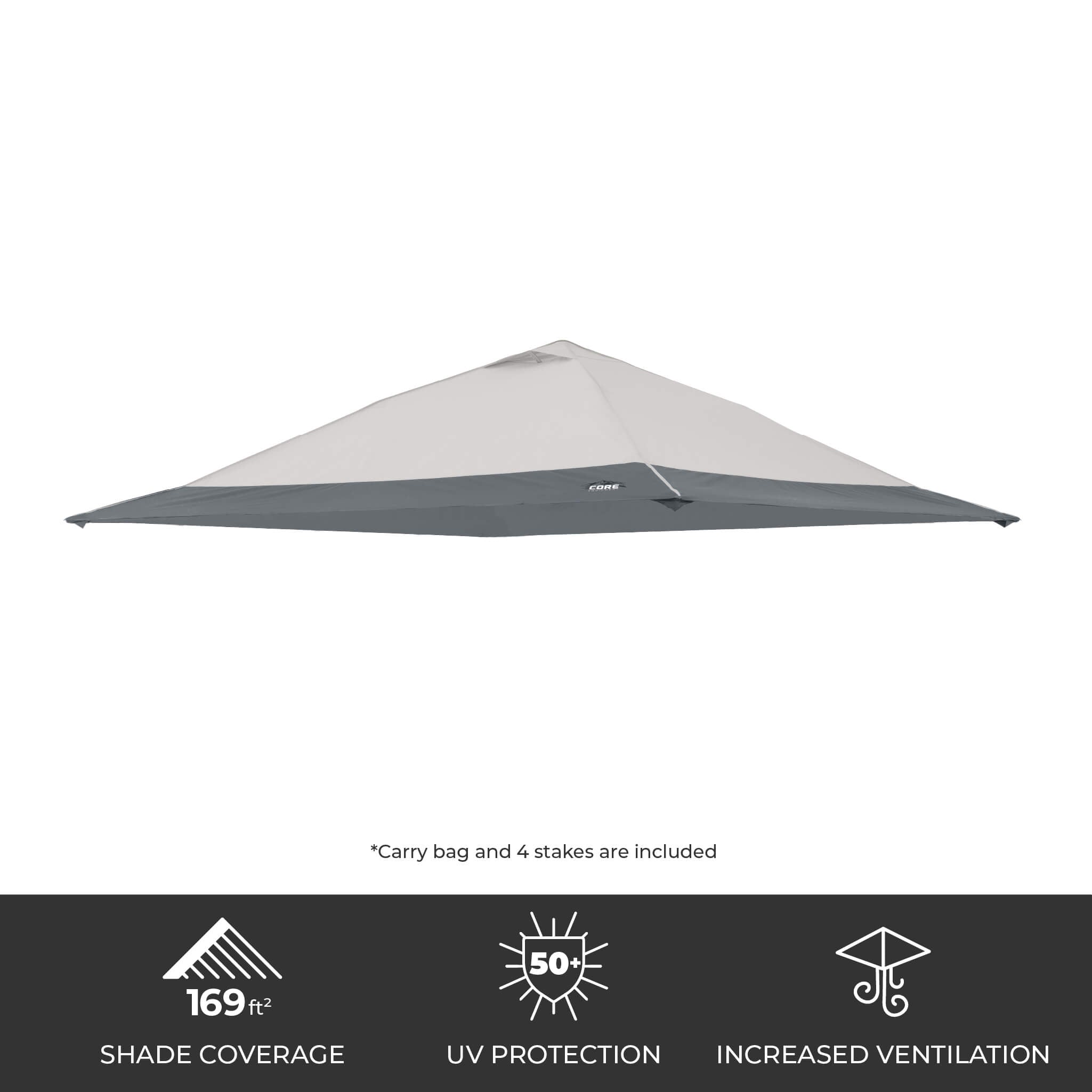 CORE 13x13 Center Push canopy top in light/dark gray featuring 169 sq ft of shade, UPF 50+ sun protection, and a vented roof for airflow.