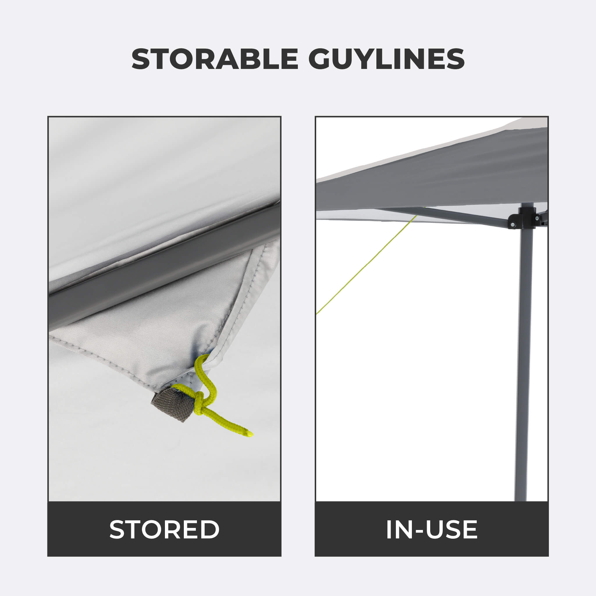 Close-up view of storable guylines on the CORE 13x13 Center Push canopy top in light/dark gray.