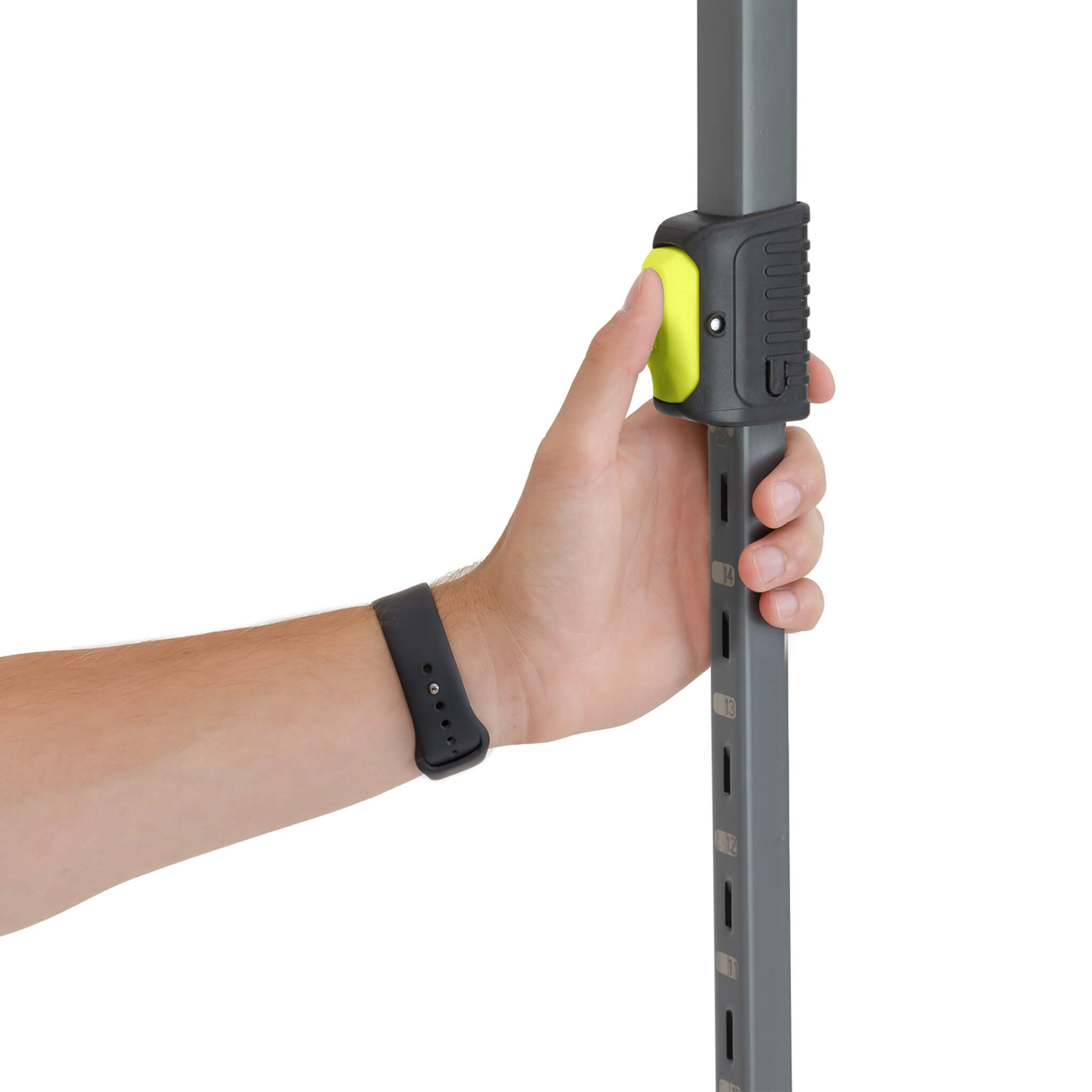 Auto-locking height adjustment button on CORE 13x13 center push canopy, designed for safe pinch-free setup and outdoor use.
