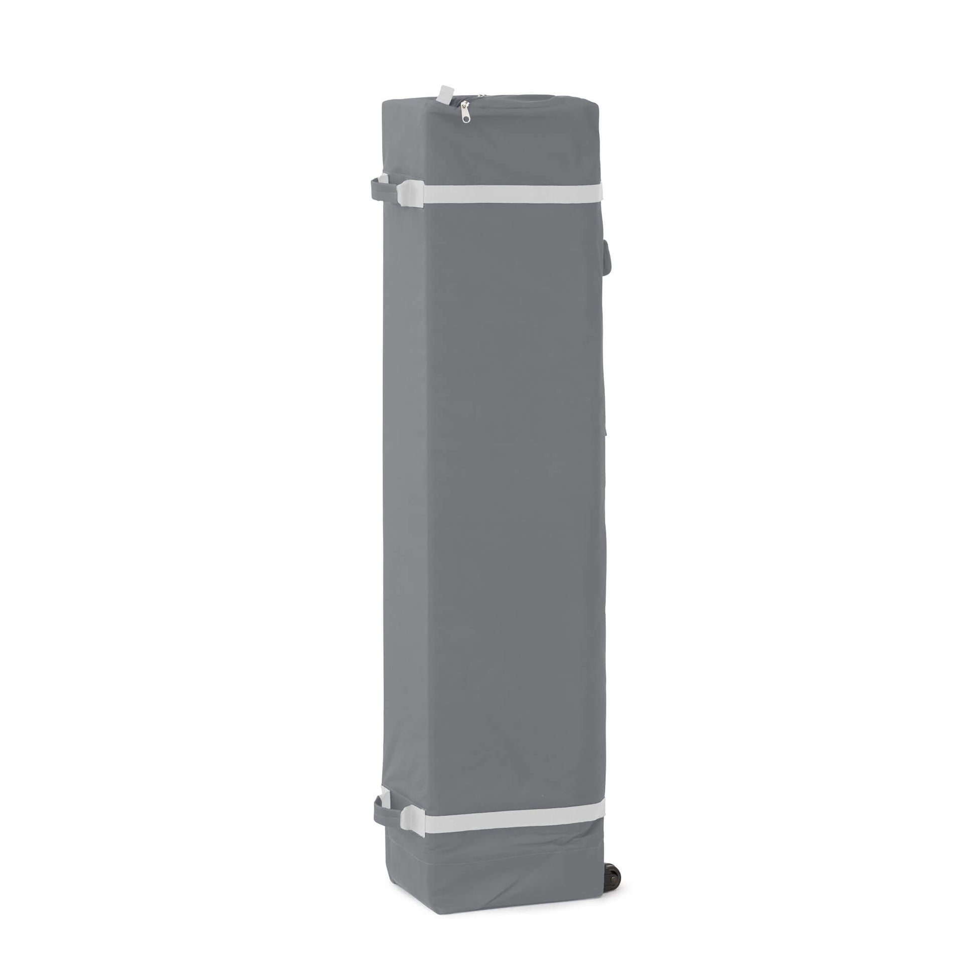 CORE 13x13 center push canopy packed in gray wheeled carry bag with straps, designed for portability and convenient transport.