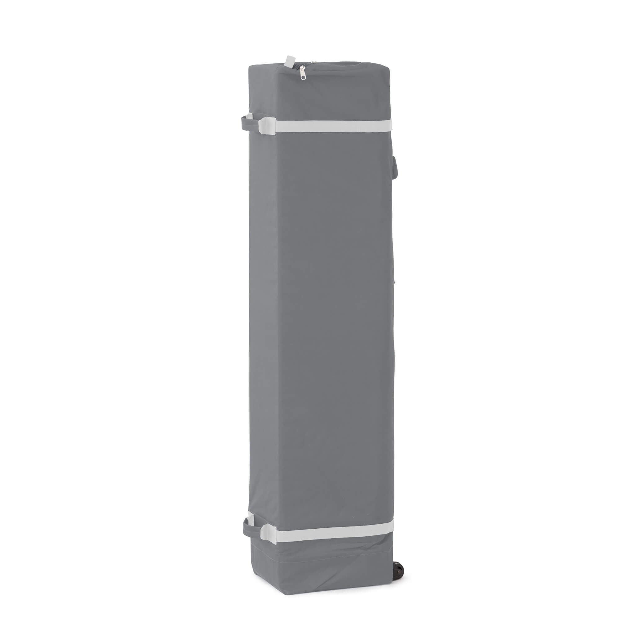 CORE 13x13 center push canopy packed in gray wheeled carry bag with straps, designed for portability and convenient transport.