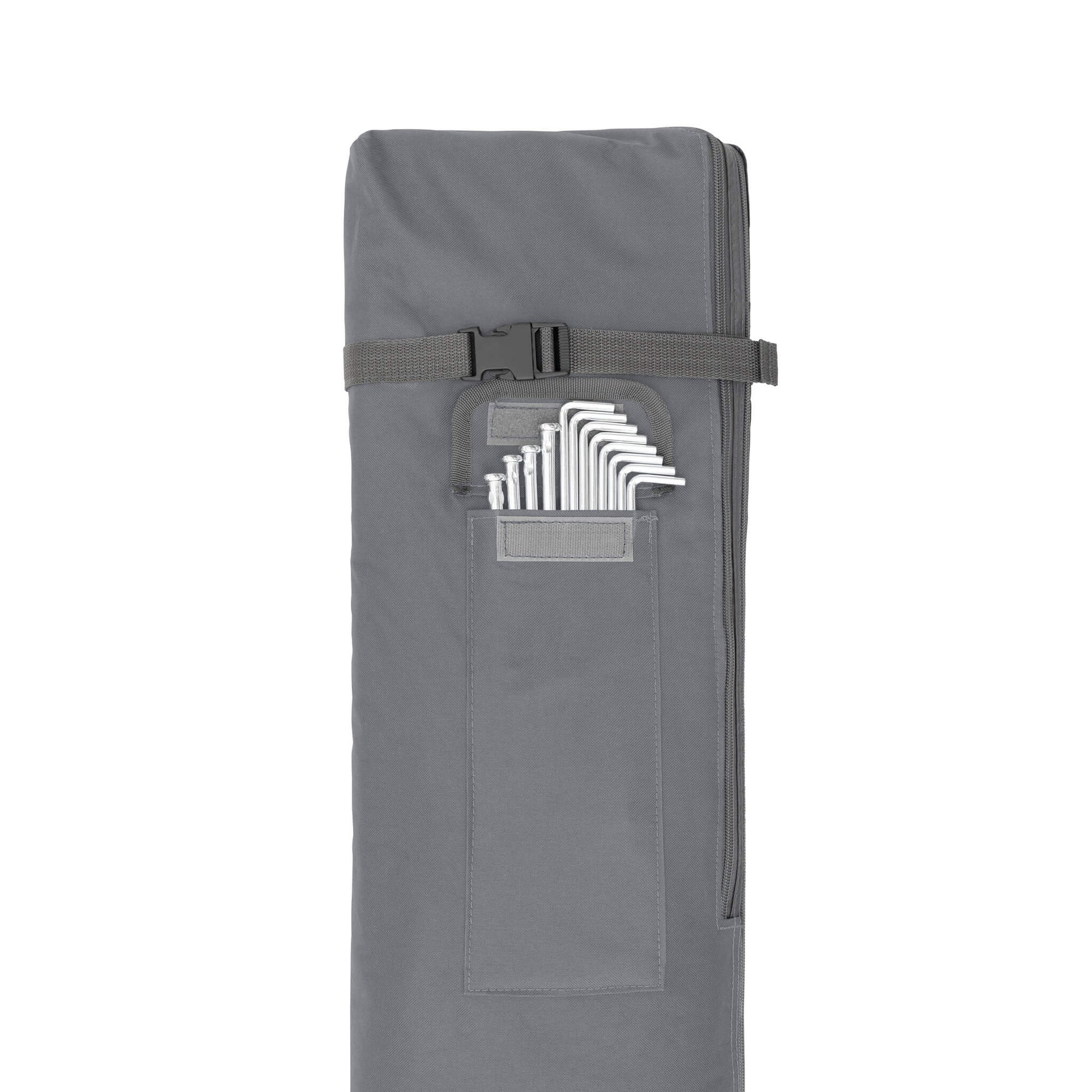 CORE canopy bag in gray with built-in pocket holding steel stakes, designed for organized transport and setup.