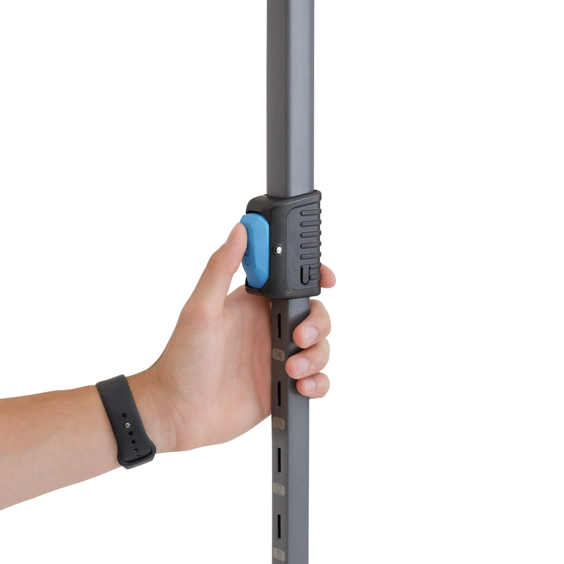 Auto-locking height adjustment button on CORE 13x13 center push canopy, designed for safe pinch-free setup and outdoor use.