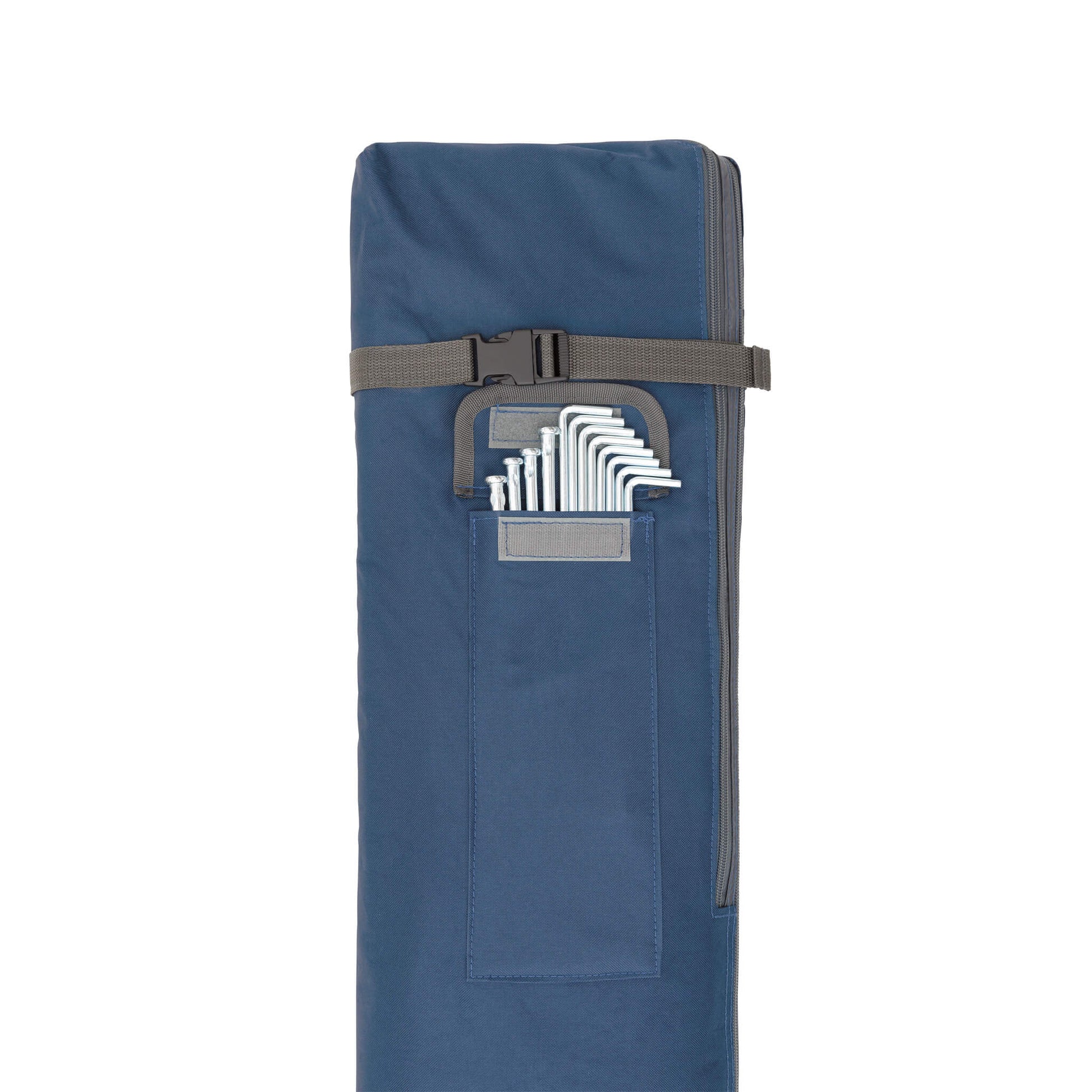 CORE canopy bag in navy with built-in pocket holding steel stakes, designed for organized transport and setup.