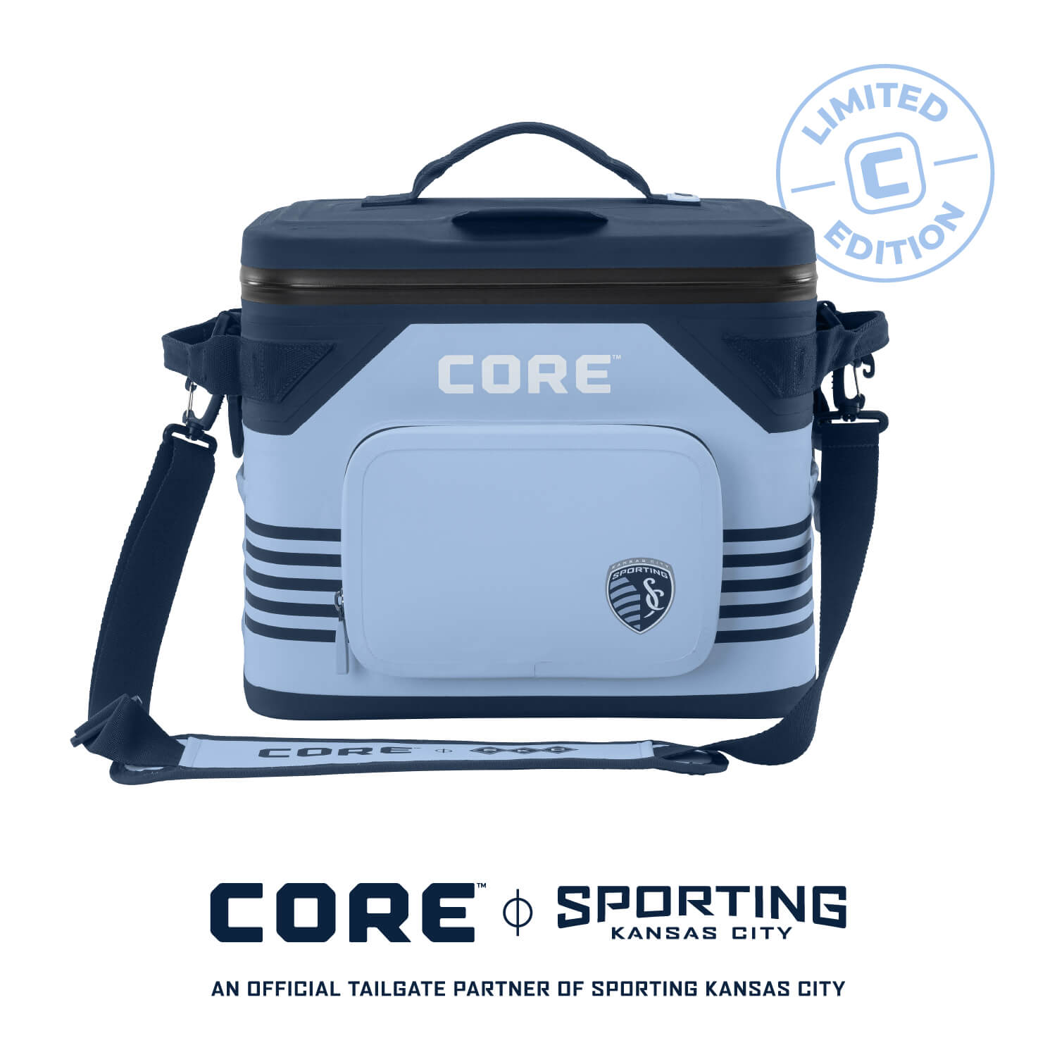 Limited edition CORE Climakeep Sporting KC cooler in light blue and navy with Sporting Kansas City logo, part of official tailgate collection.