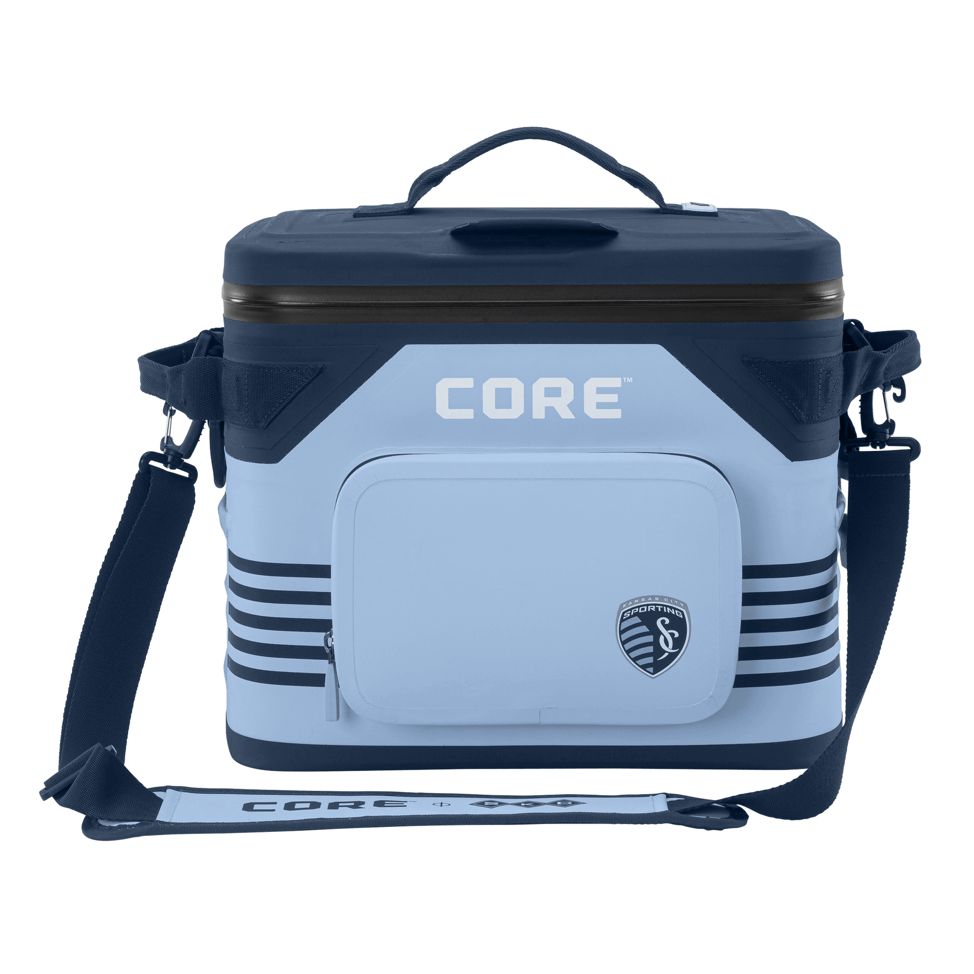 CORE Climakeep 18 can Sporting Kansas City cooler front view with a waterproof design and a shoulder strap.
