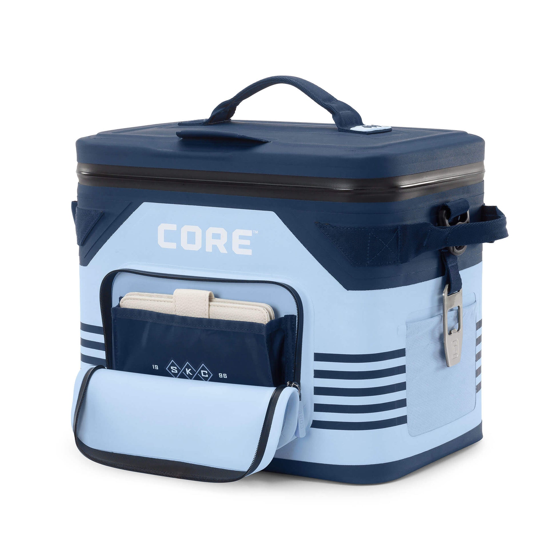 CORE Climakeep 18 can Sporting Kansas City cooler with front pocket open, side bottle opener, and waterproof design.
