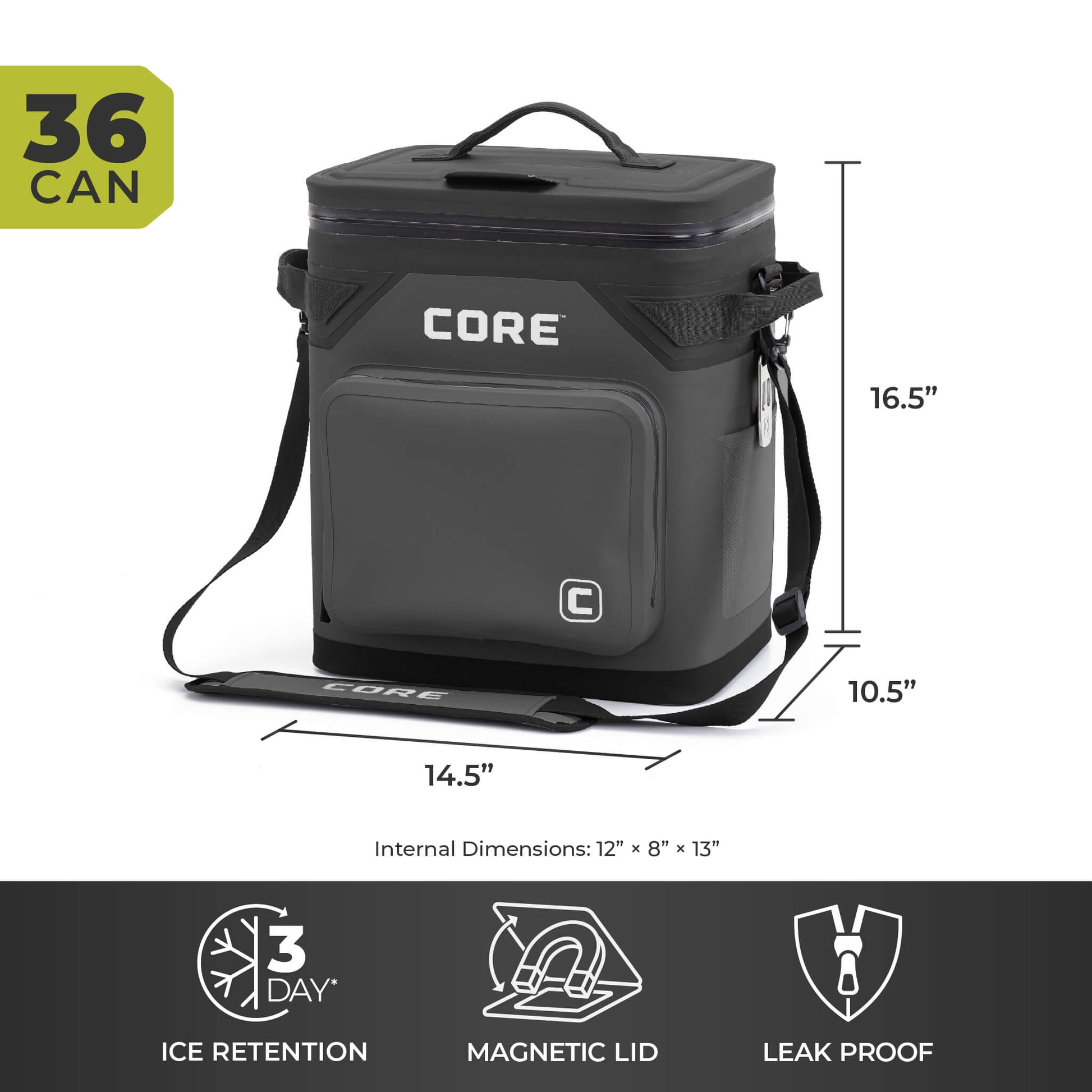 CORE Climakeep 36 can charcoal cooler, 16.5 x 14.5 x 10.5 in, with 3-day ice retention, magnetic lid, and leakproof design.