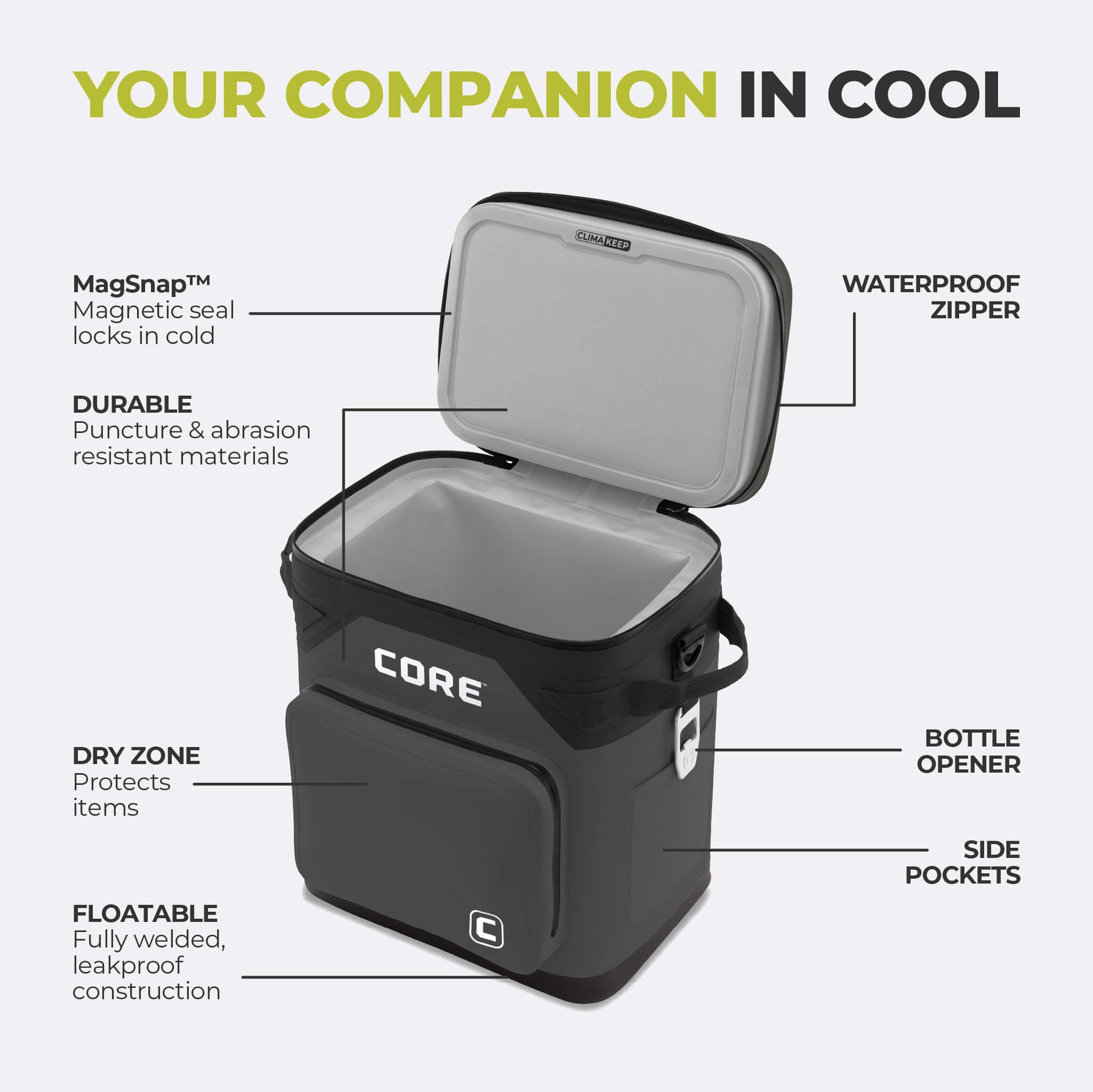 CORE 36 can Climakeep charcoal cooler with waterproof zipper, magnetic seal, dry zone, bottle opener, side pockets, and durable build.