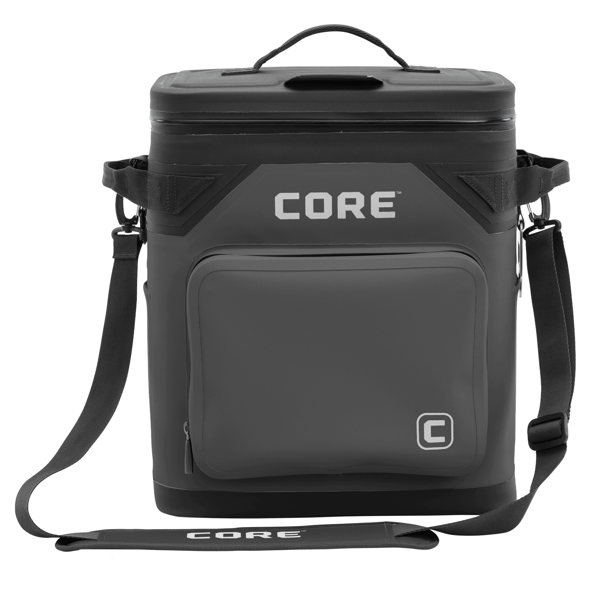 CORE Climakeep 36 can cooler front view in charcoal with a waterproof design and a shoulder strap.