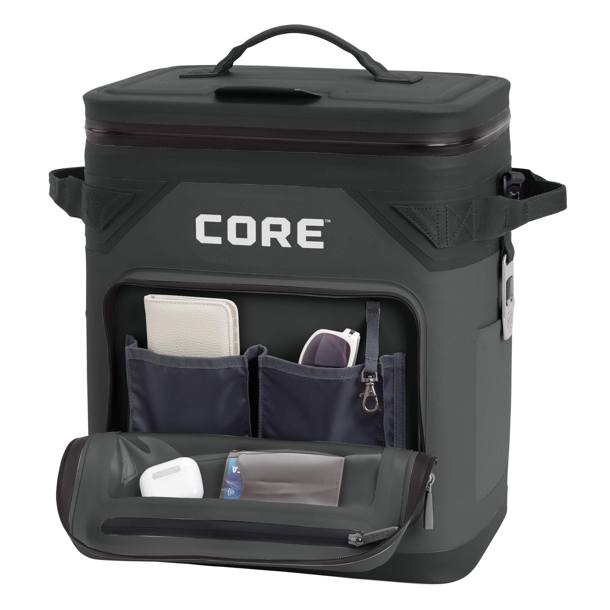 CORE Climakeep 36 can charcoal cooler with an open front pocket storing phone, keys, and accessories.