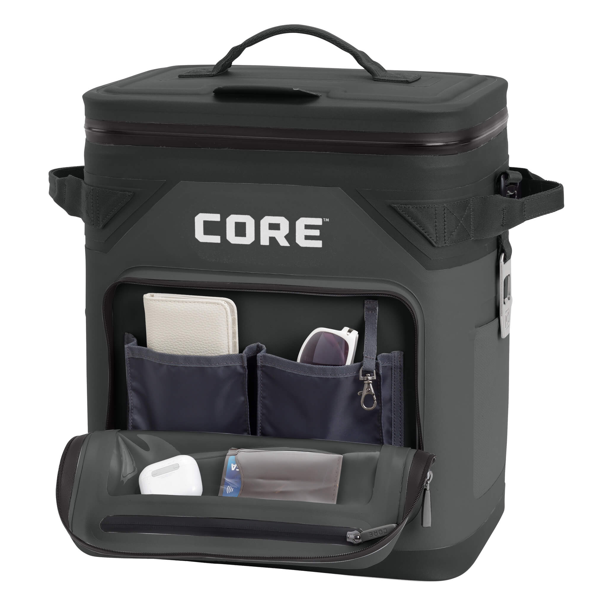 CORE Climakeep 36 can charcoal cooler with an open front pocket storing phone, keys, and accessories.