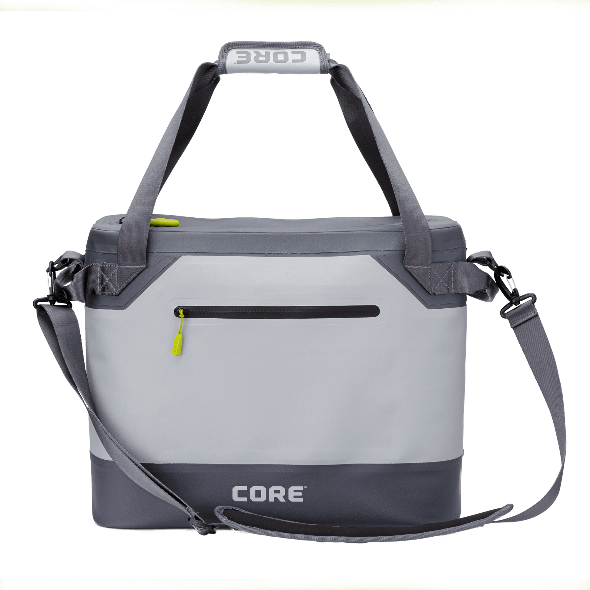 CORE 36 can performance tote cooler in gray with leakproof design, durable straps, and secure front zipper pocket.