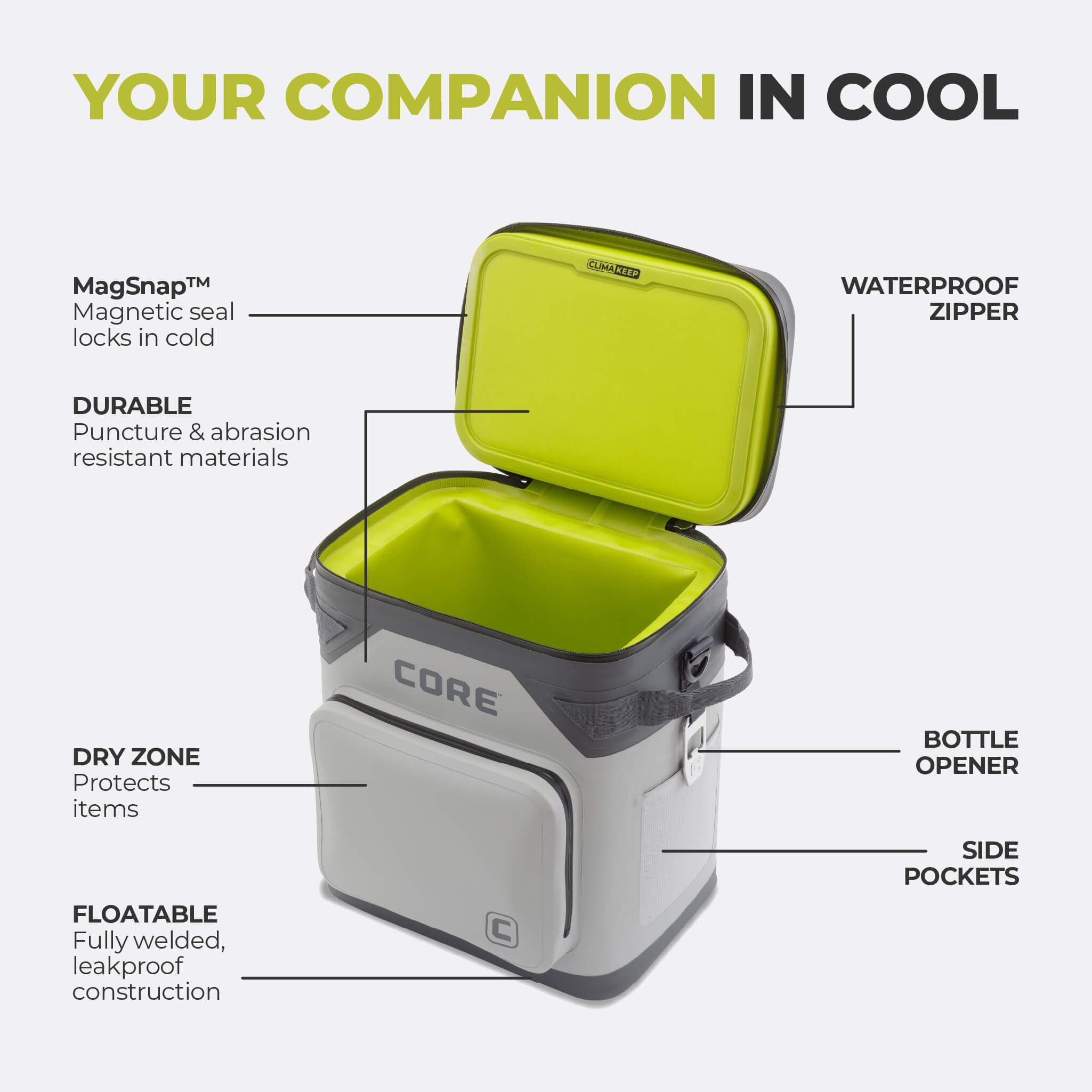 CORE 36 can Climakeep shadow gray cooler with waterproof zipper, magnetic seal, dry zone, bottle opener, side pockets, and durable build.