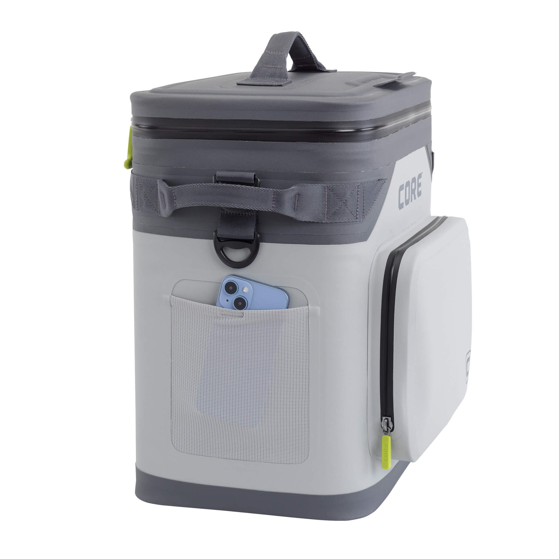 CORE Climakeep 36 can cooler in shadow gray with side mesh pocket holding a smartphone and a front zip pocket.