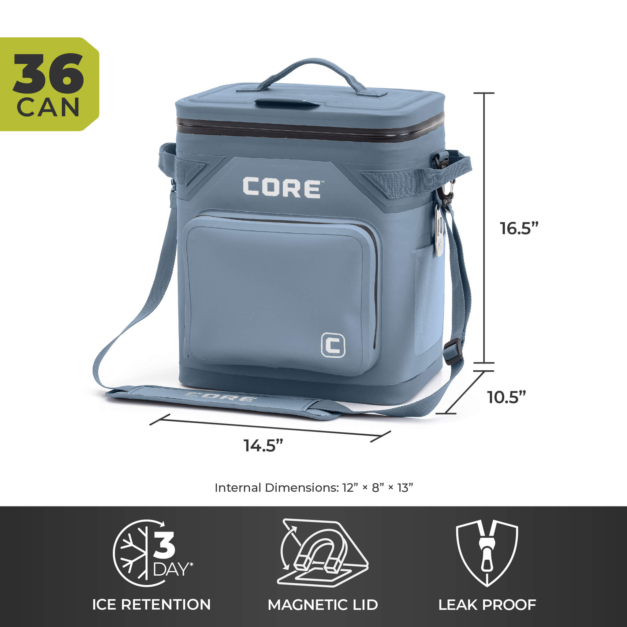 CORE Climakeep 36 can steel blue cooler, 16.5 x 14.5 x 10.5 in, with 3-day ice retention, magnetic lid, and leakproof design.